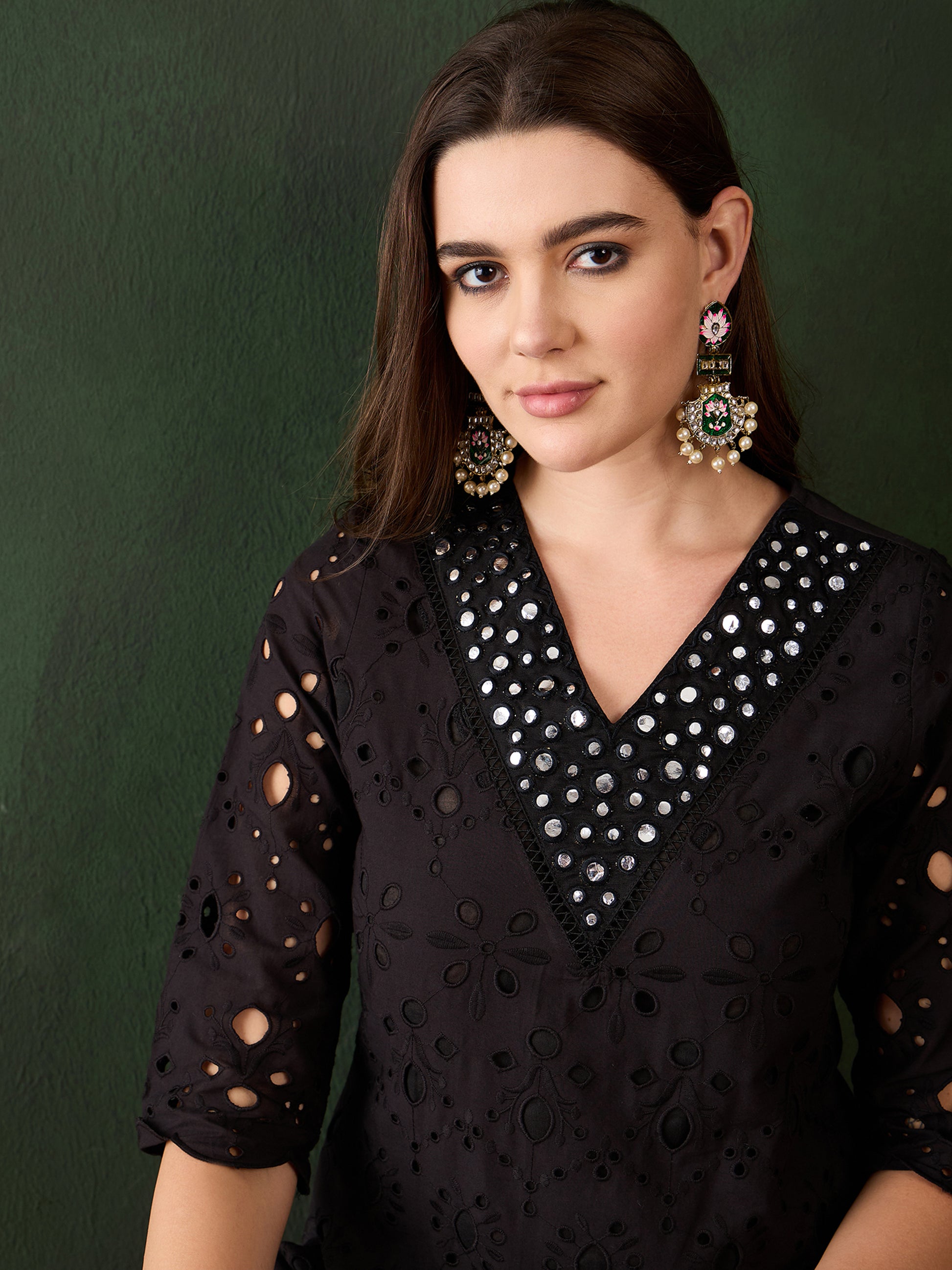Beautiful Black Cotton Embroidered Event Wear Kurta With Trouser