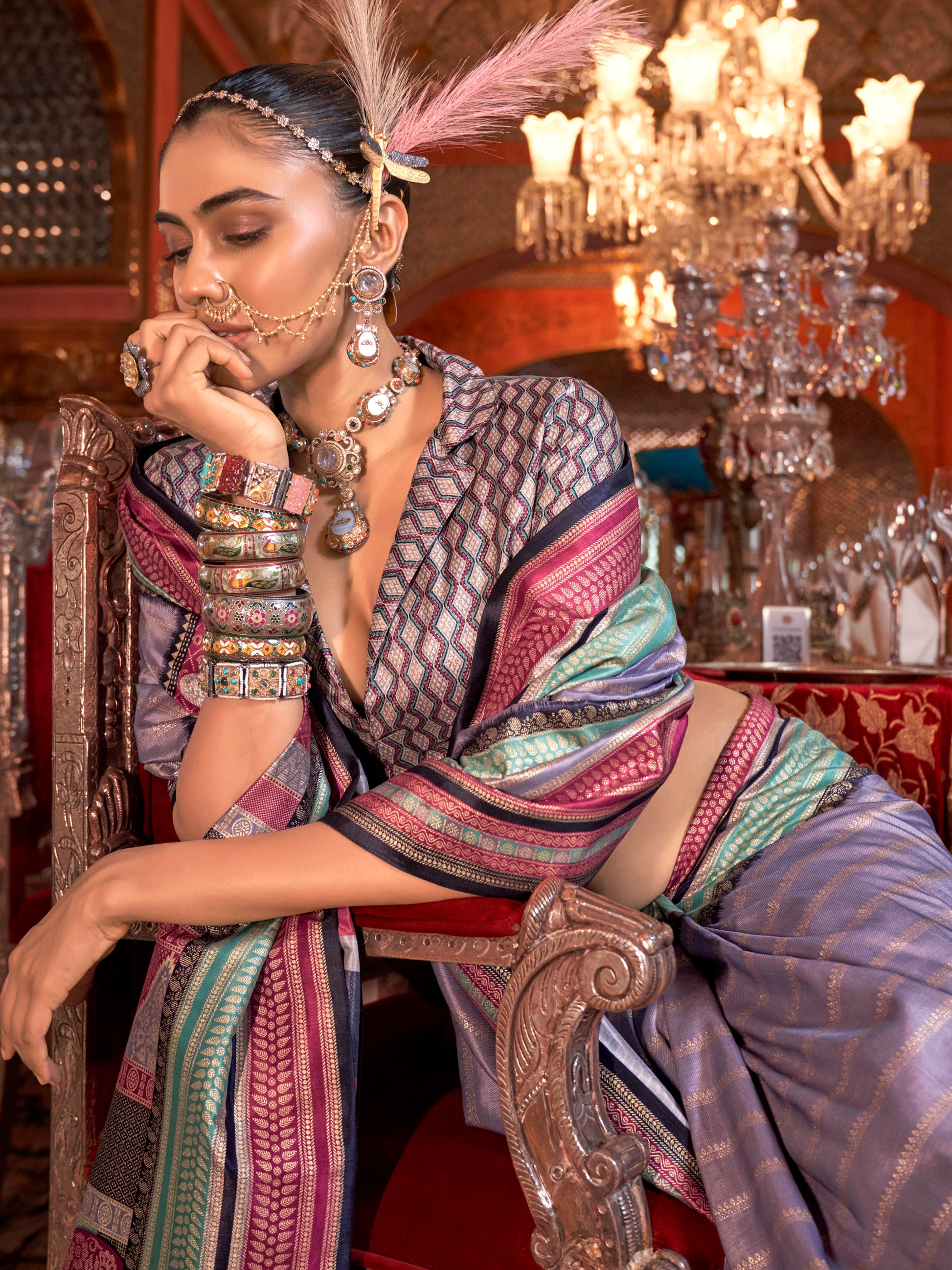 Beautiful Lavender Zari Weaving Silk Festival Wear Saree With Blouse