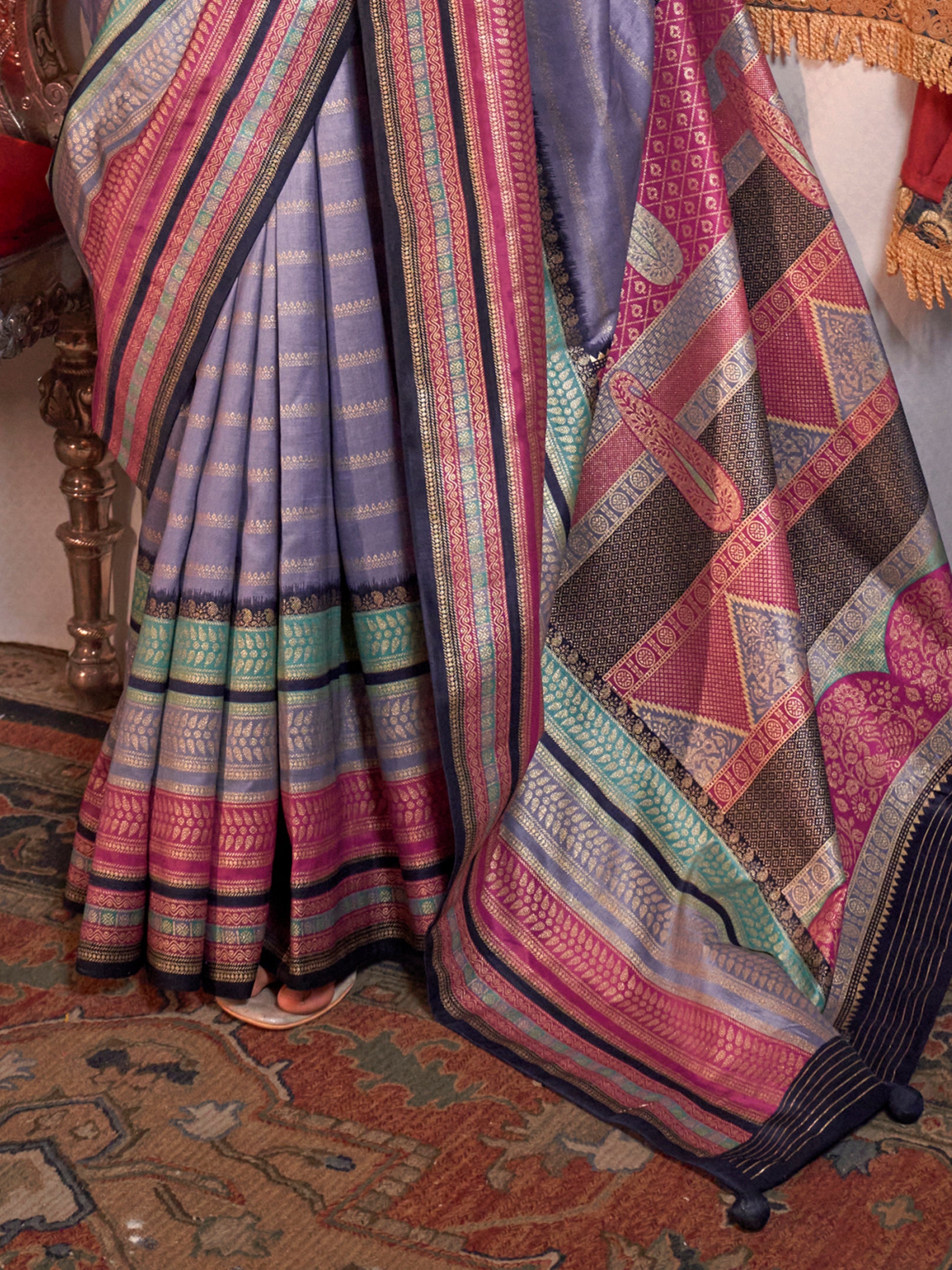 Beautiful Lavender Zari Weaving Silk Festival Wear Saree With Blouse