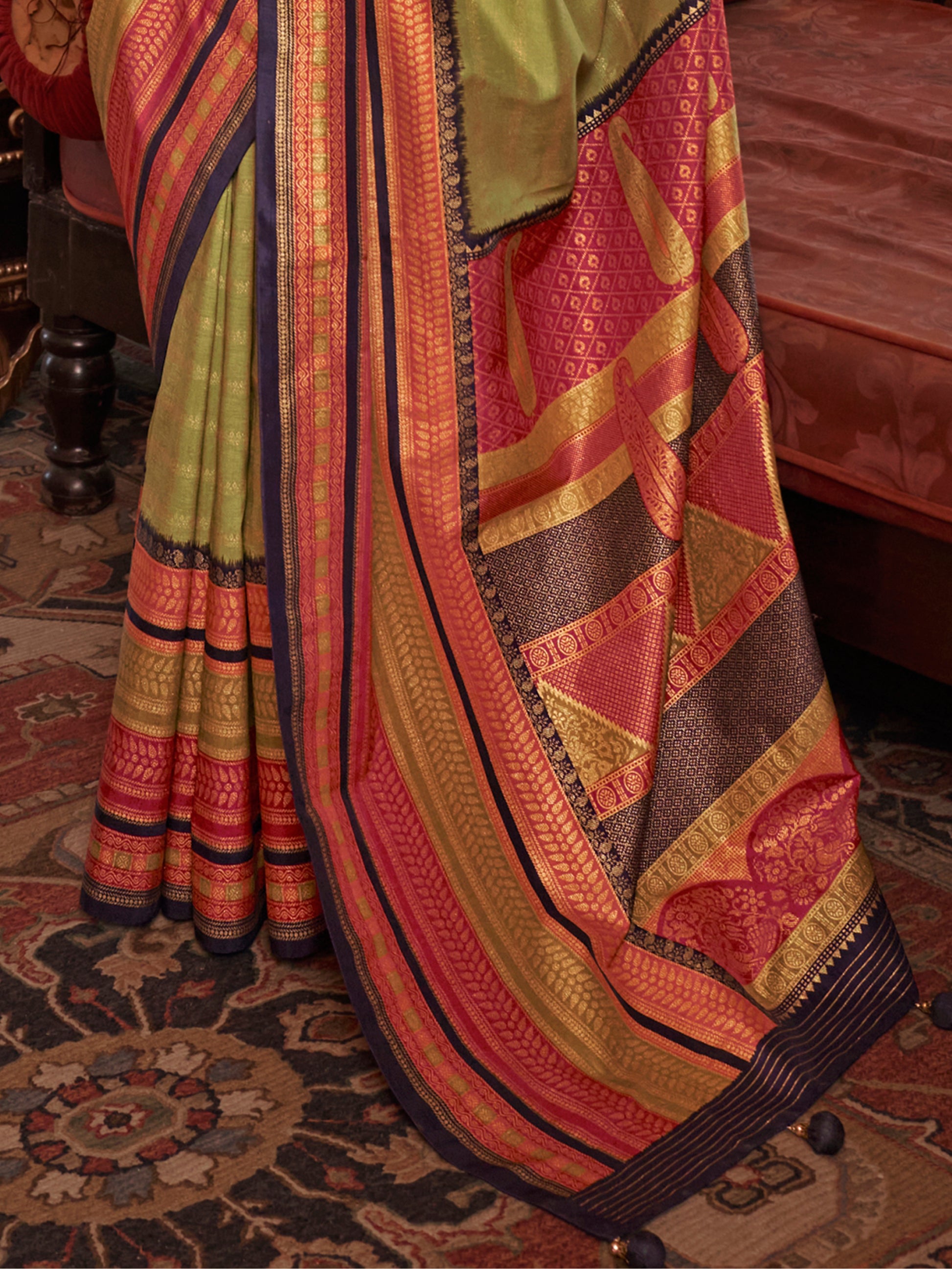 Pretty Light Green Zari Weaving Silk Mehendi Wear Saree With Blouse