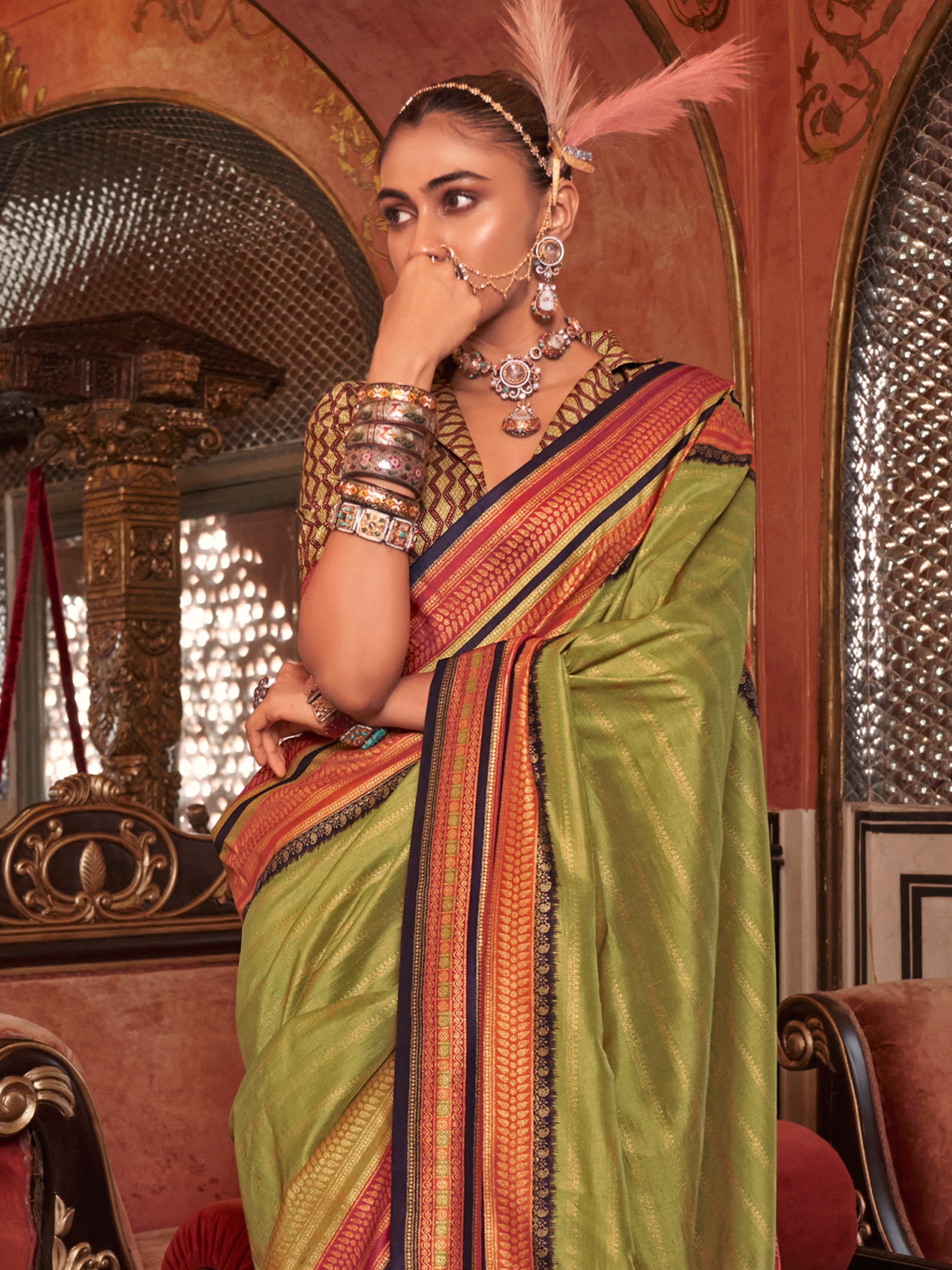 Pretty Light Green Zari Weaving Silk Mehendi Wear Saree With Blouse