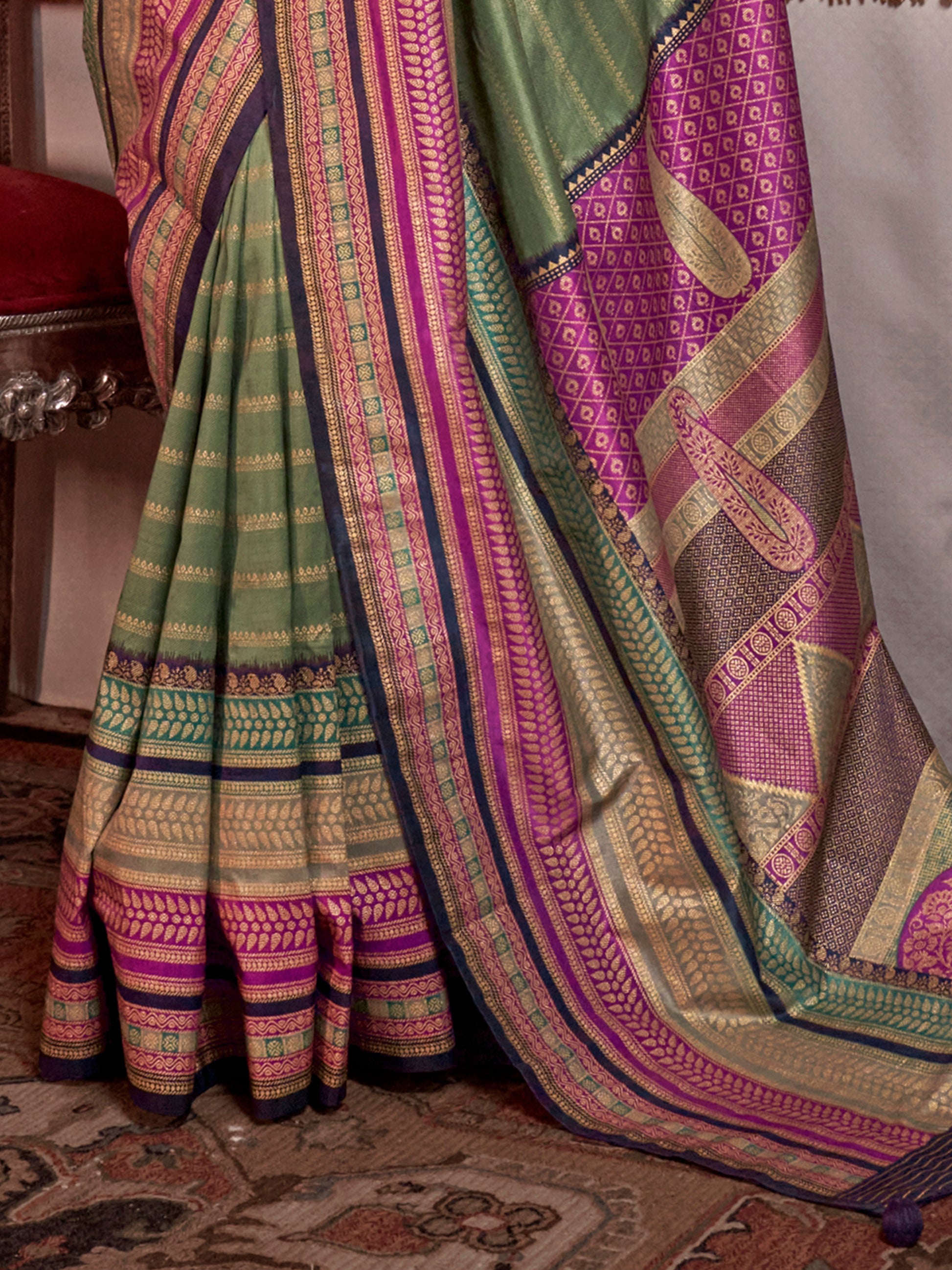 Gorgeous Olive Green Zari Weaving Silk Function Wear Saree With Blouse