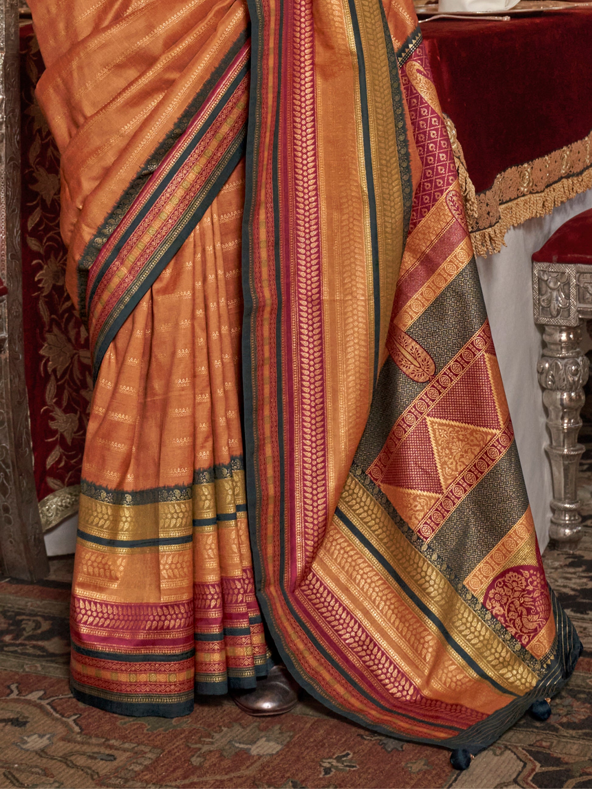 Wonderful Orange Zari Weaving Silk Event Wear Saree With Blouse