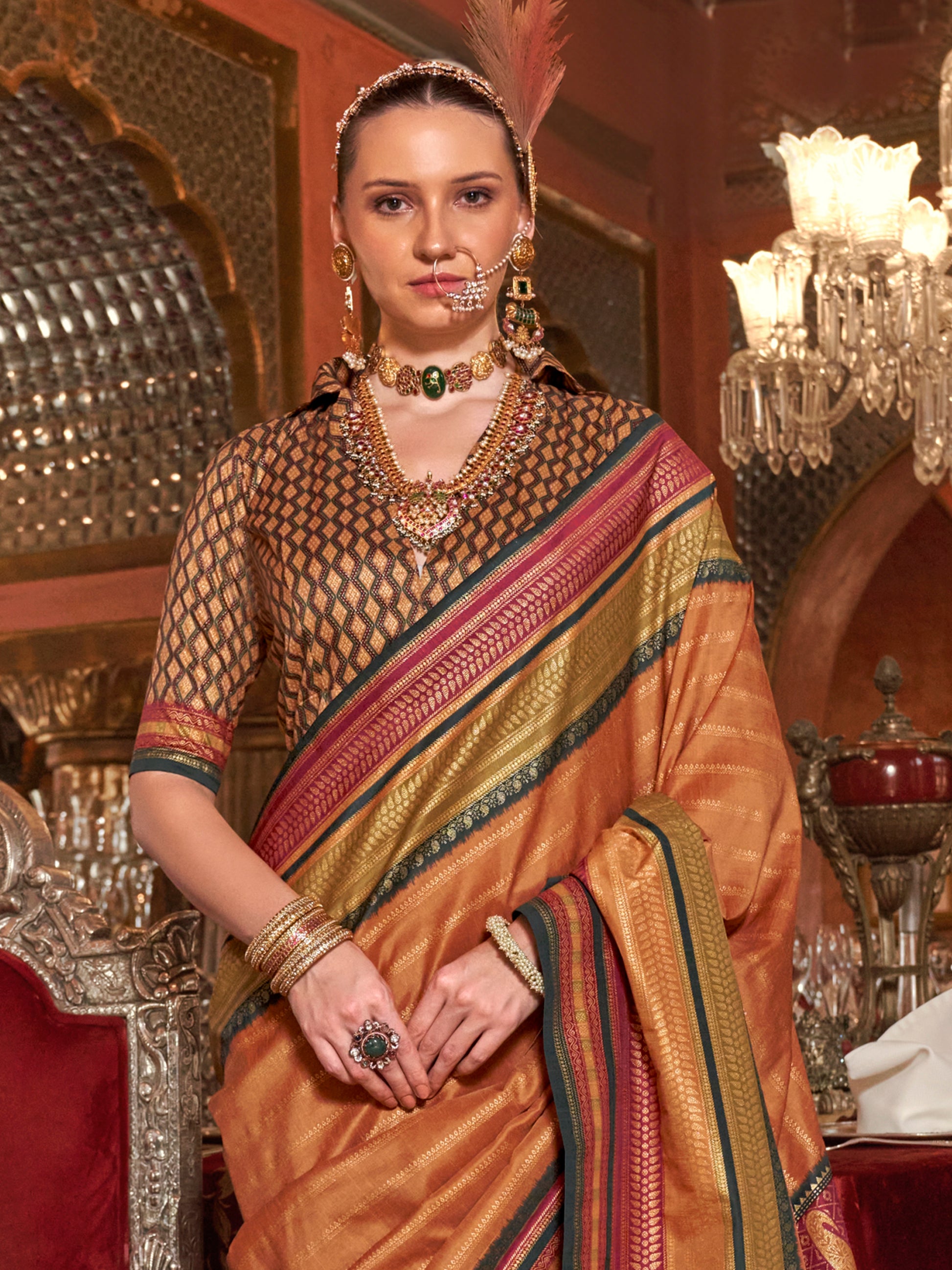 Wonderful Orange Zari Weaving Silk Event Wear Saree With Blouse
