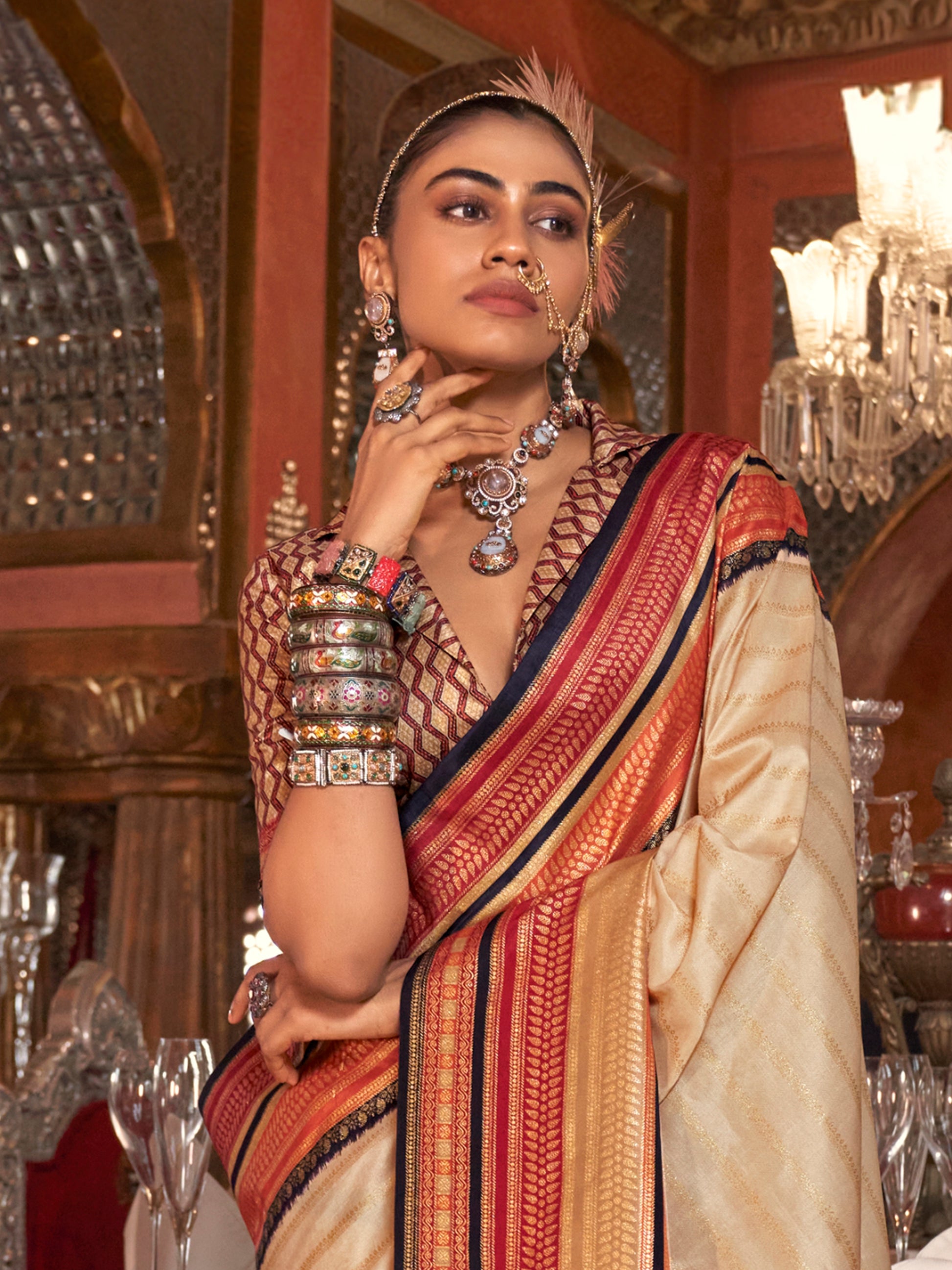 Glamorous Cream Zari Weaving Silk Traditional Saree With Blouse