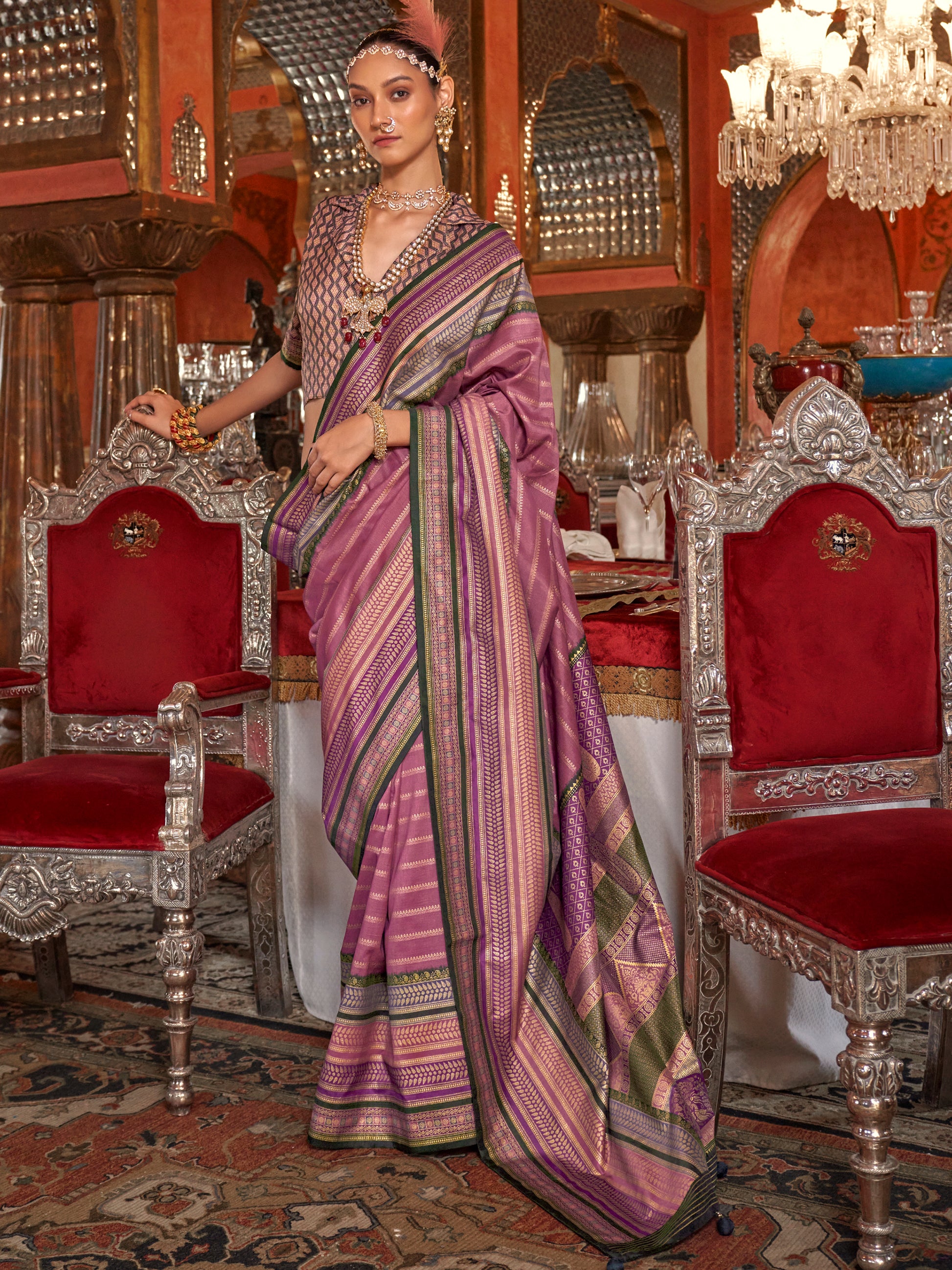 Stunning Mauve Zari Weaving Silk Event Wear Saree With Blouse