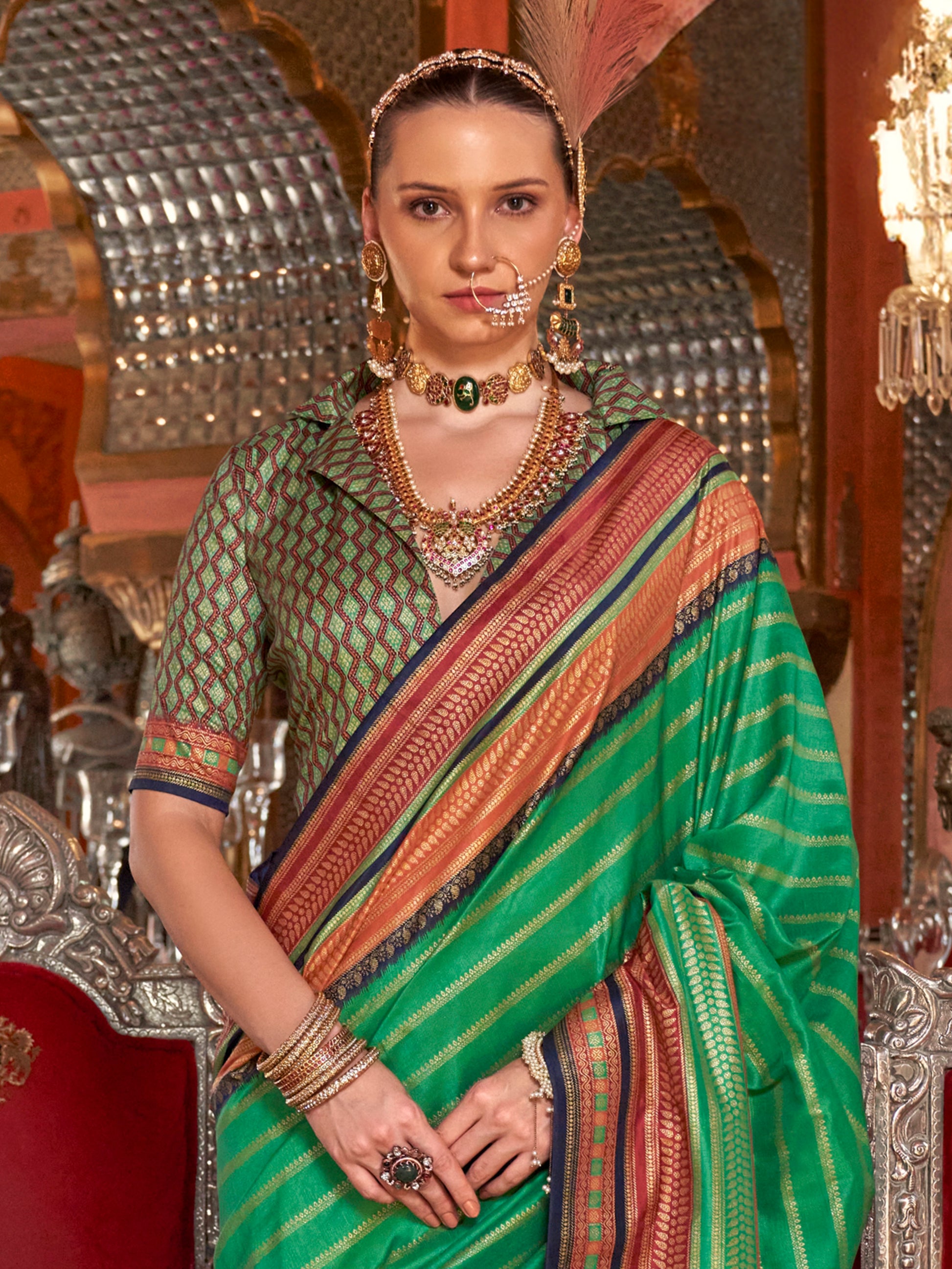 Adorable Teal Green Zari Weaving Silk Festival Wear Saree With Blouse