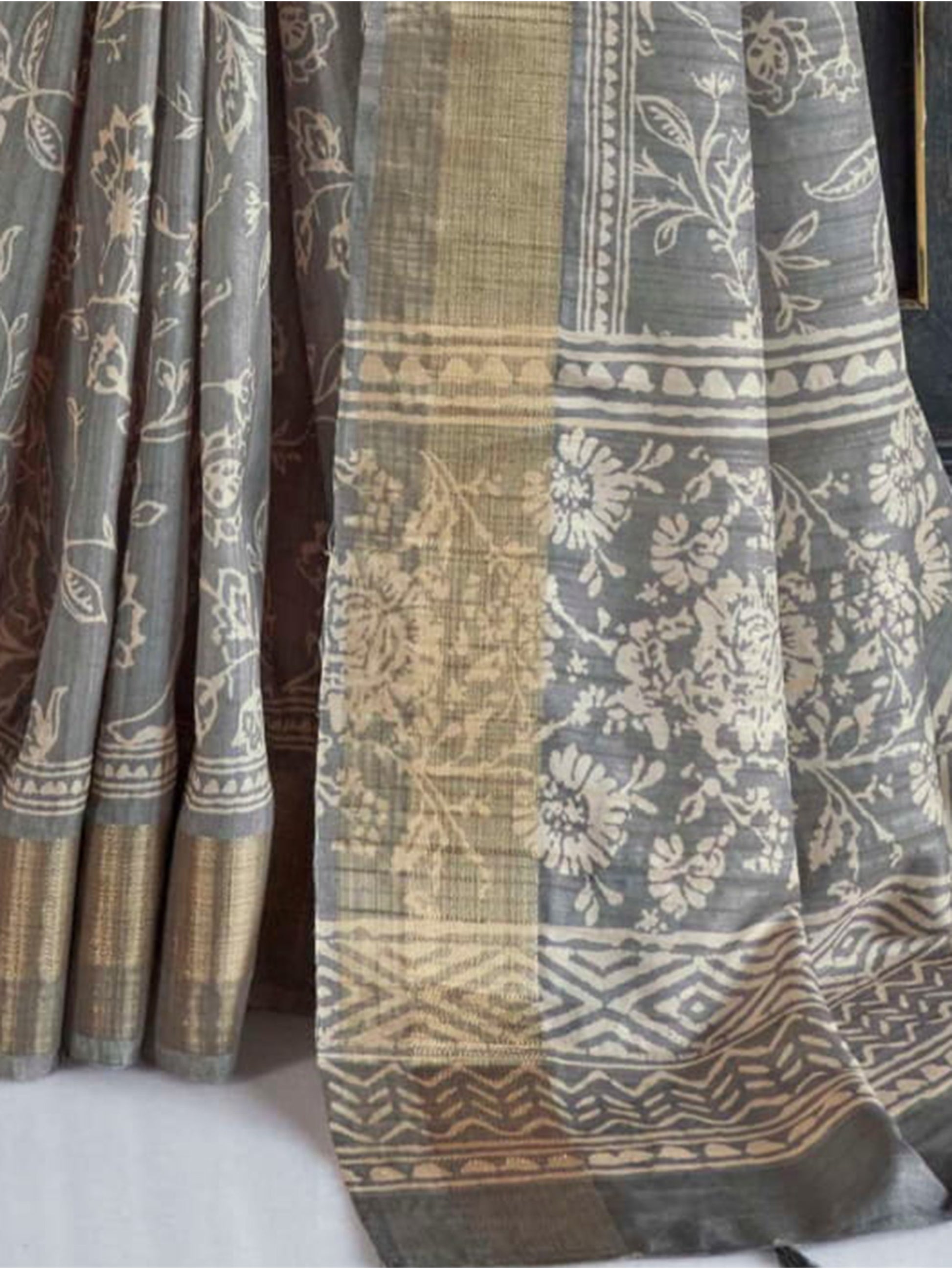 Stunning Grey Digital Printed Silk Traditional Saree With Blouse