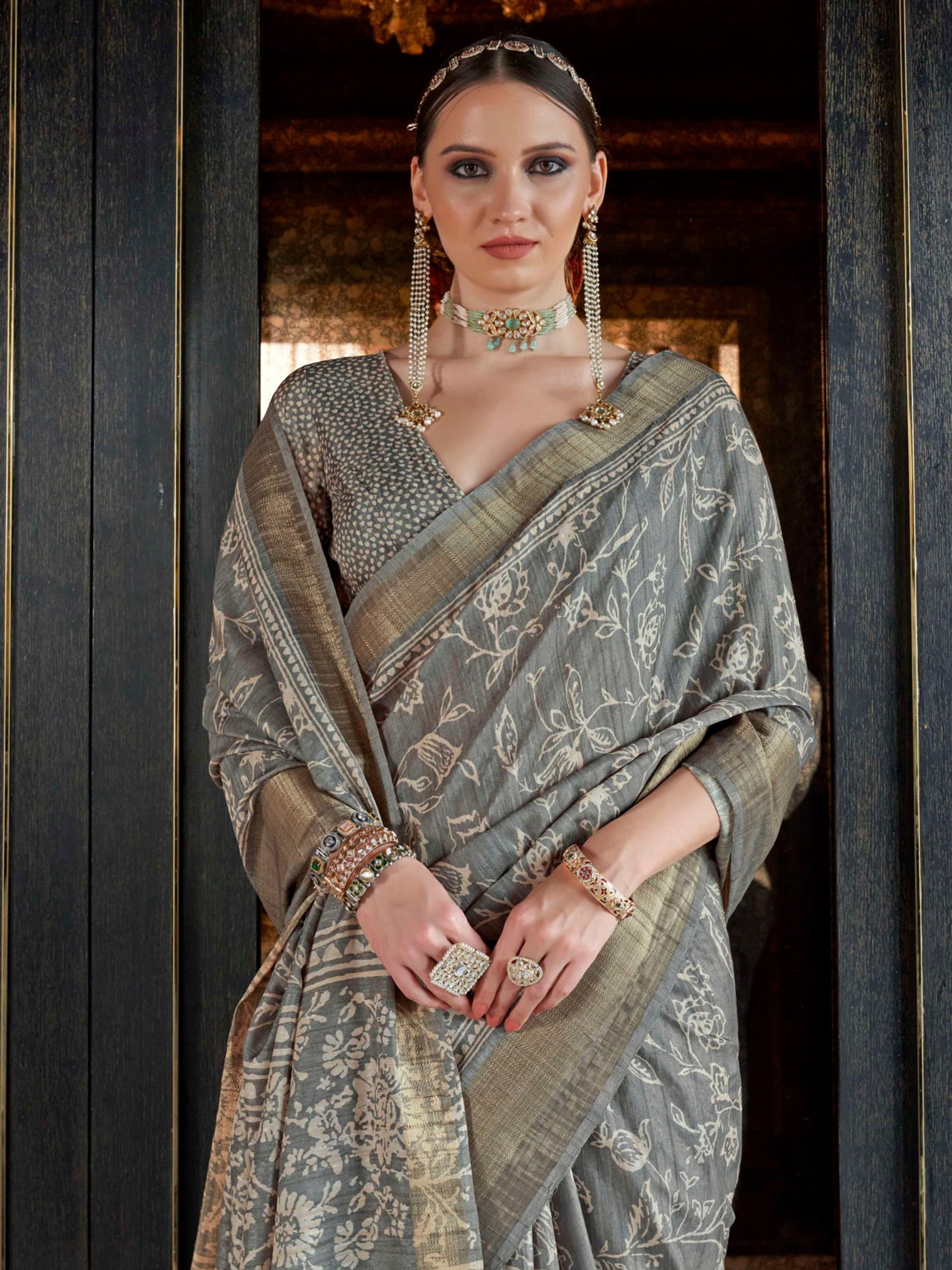 Stunning Grey Digital Printed Silk Traditional Saree With Blouse