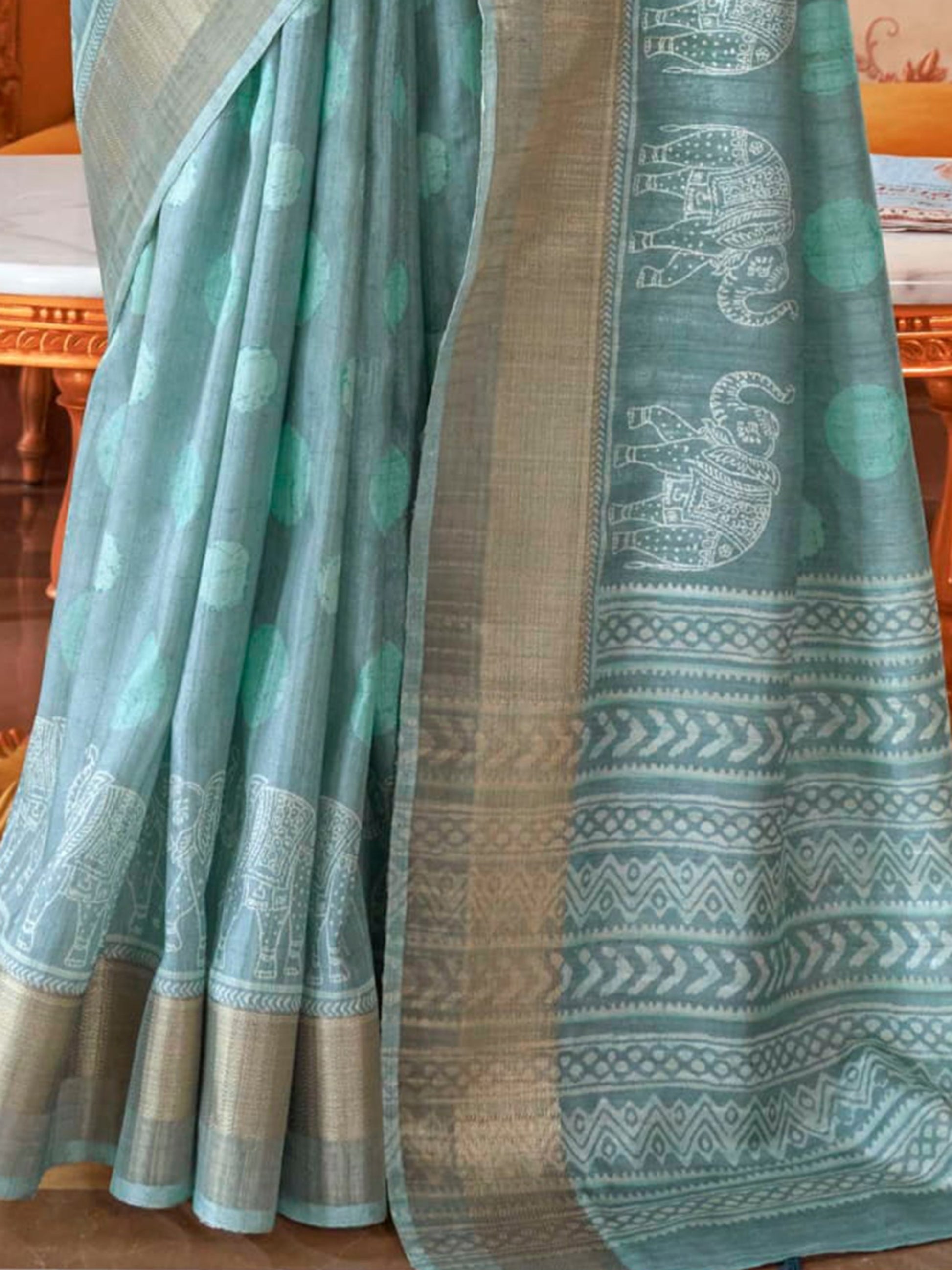 Enchanting Sky-Blue Digital Printed Silk Festival Wear Saree With Blouse