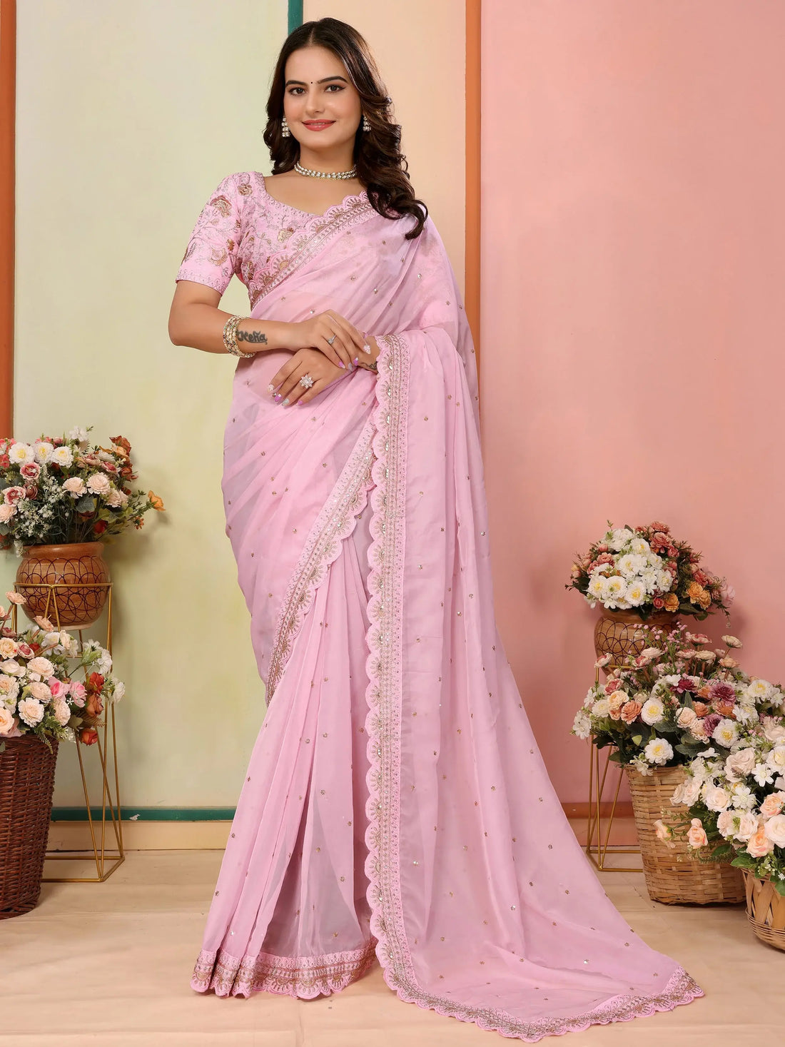 Lavish Baby Pink Thread Work Organza Party Wear Saree With Blouse - Zeel Clothing