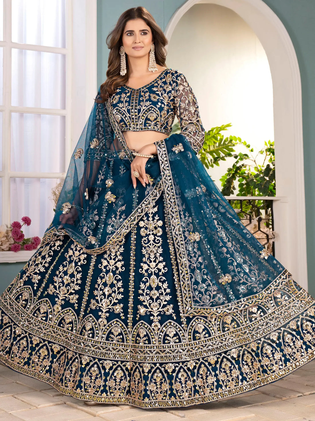 Lavish Teal Blue Embroidered Net Wedding Wear Lehenga Choli With Dupatta - Zeel Clothing