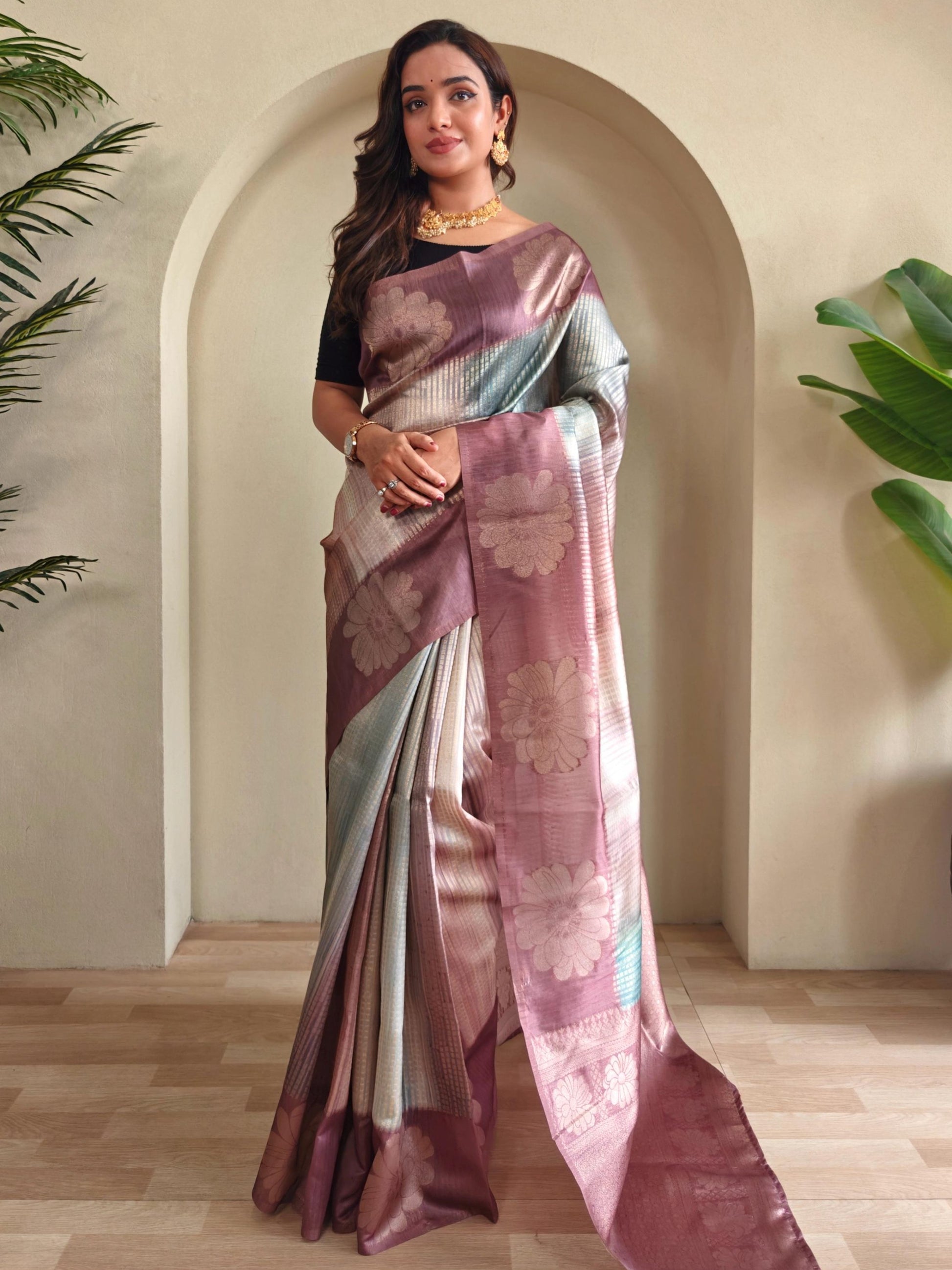 Amazing Lilac Zari Weaving Silk Designer Saree With Blouse
