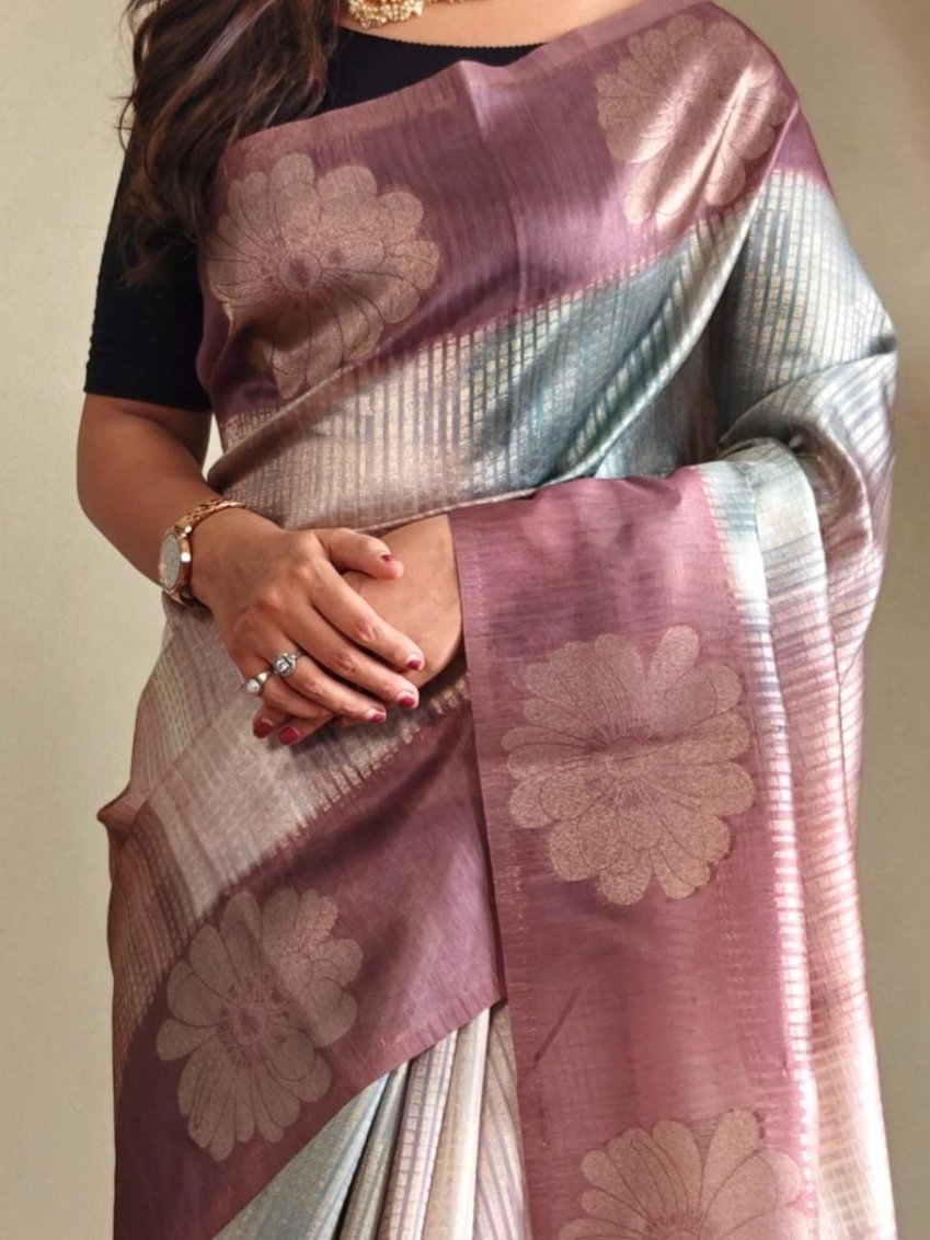 Amazing Lilac Zari Weaving Silk Designer Saree With Blouse
