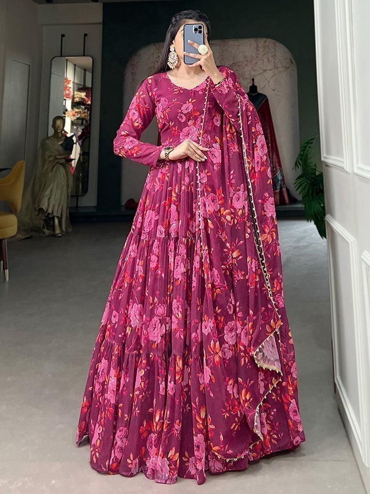 Buy Pink Floral Printed Georgette Gown With Dupatta Online At Zeel Clothing