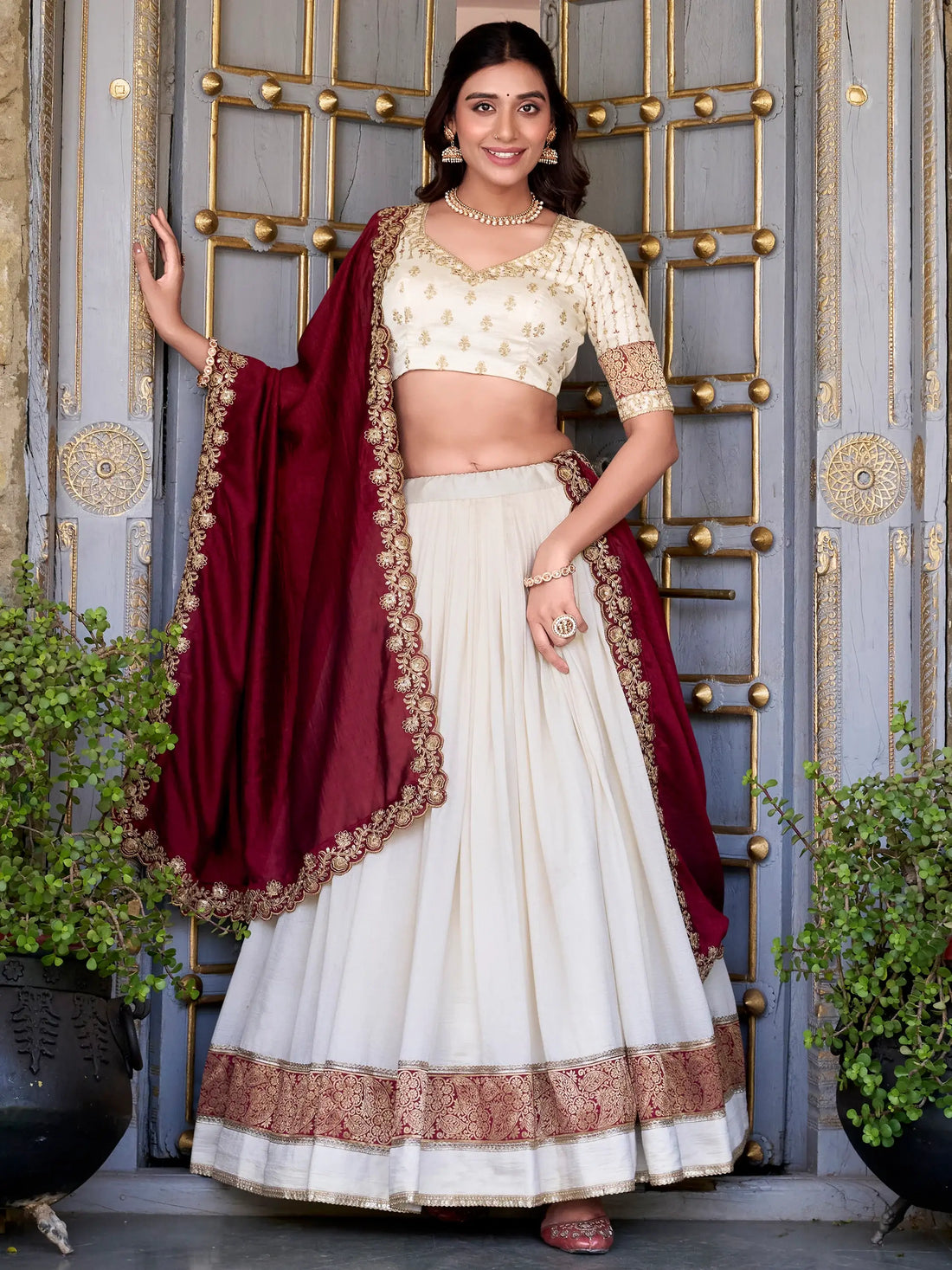 Lovable Off-White Zari Weaving Vichitra Silk Traditional Lehenga Choli - Zeel Clothing