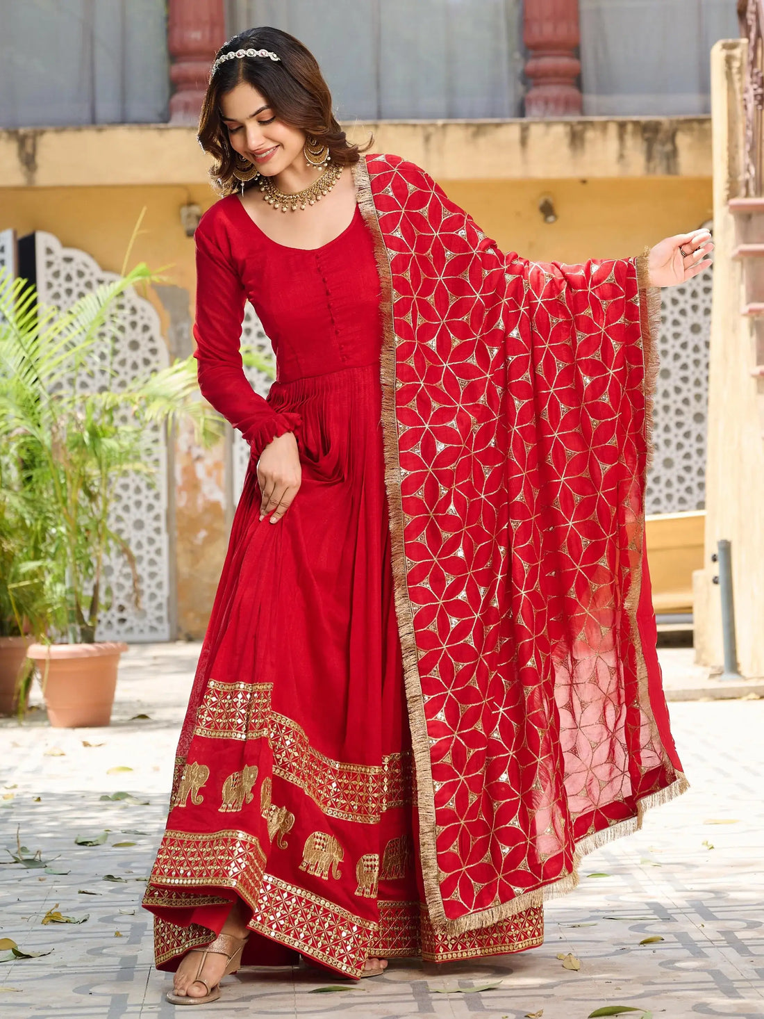 Lovable Red Sequins Vichitra Silk Wedding Wear Gown With Dupatta - Zeel Clothing