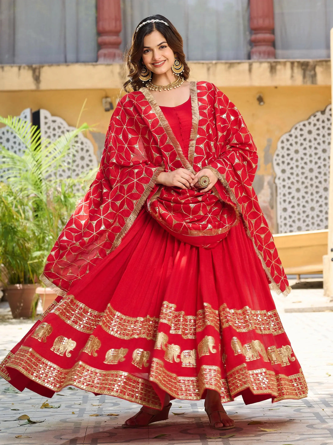Lovable Red Sequins Vichitra Silk Wedding Wear Gown With Dupatta - Zeel Clothing