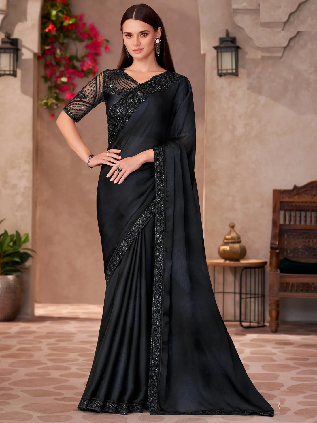 Lovely Black Embroidery Border Work Chiffon Party Wear Saree With Blouse - Zeel Clothing