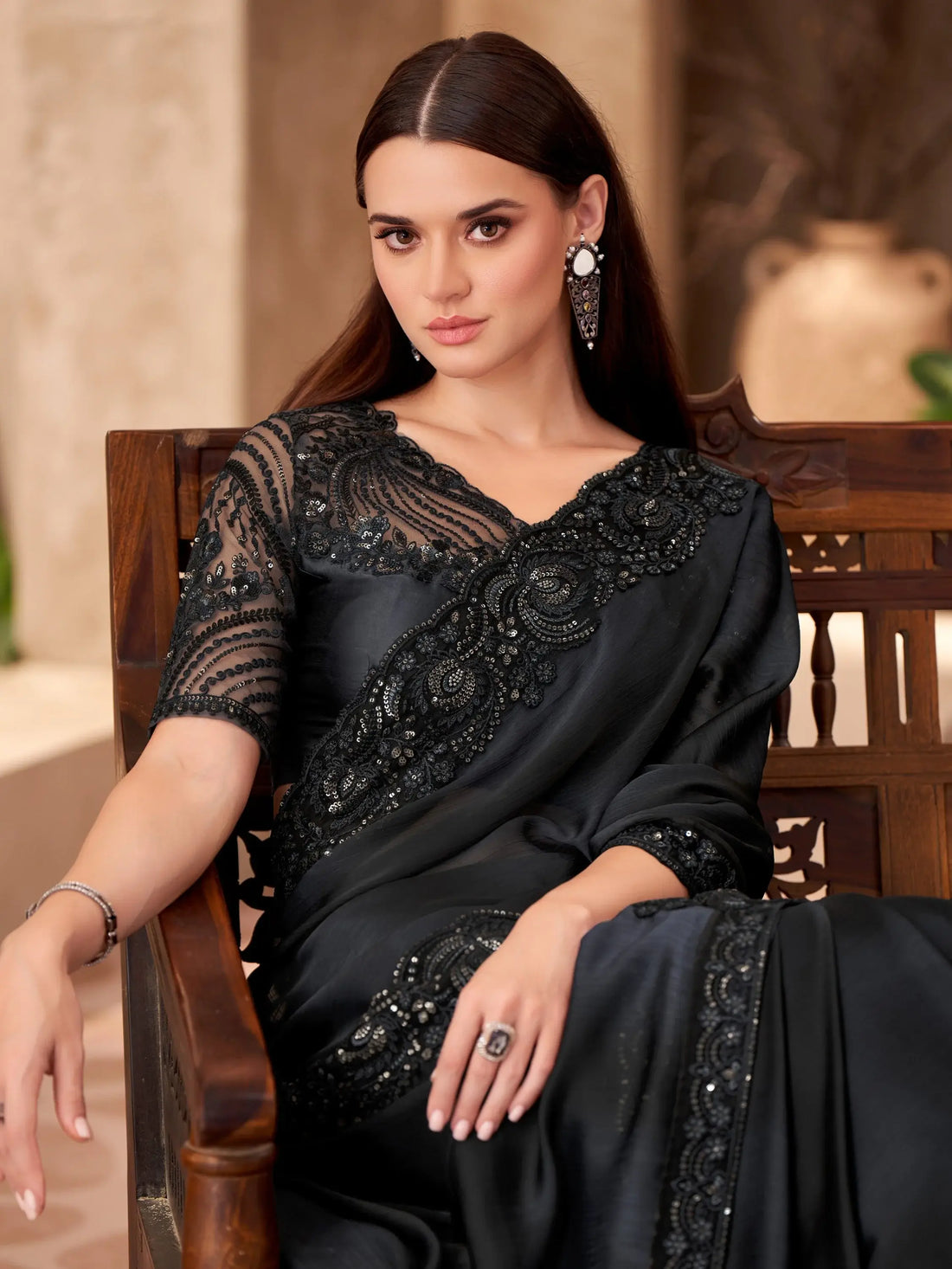 Lovely Black Embroidery Border Work Chiffon Party Wear Saree With Blouse - Zeel Clothing