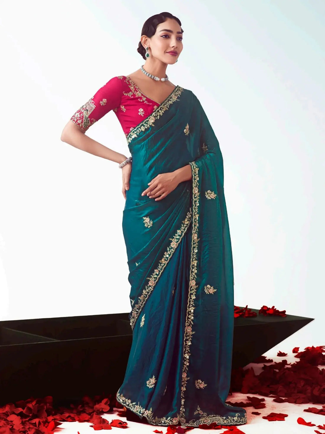 Lovely Teal Blue Heavy Embroidered Organza Designer Saree With Blouse - Zeel Clothing