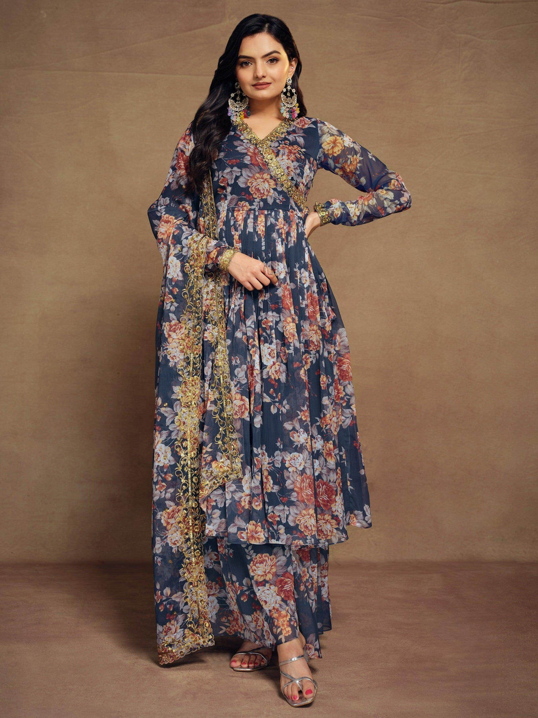 Magnetic Blue Floral Printed Chiffon Function Wear Palazzo Suit - Zeel Clothing