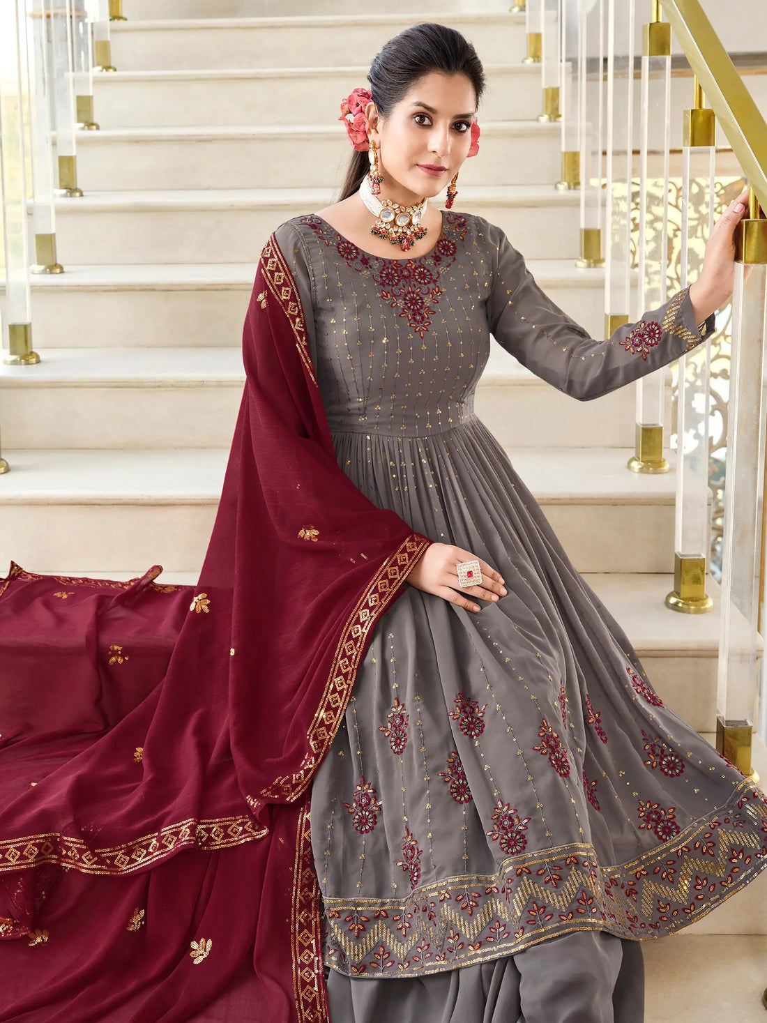 Magnetic Grey Sequins Georgette Wedding Wear Salwar Kameez - Zeel Clothing