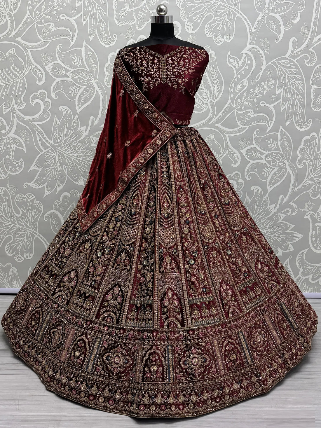 Magnetic Maroon Thread Work Bridal Lehenga Choli With Double Dupatta - Zeel Clothing