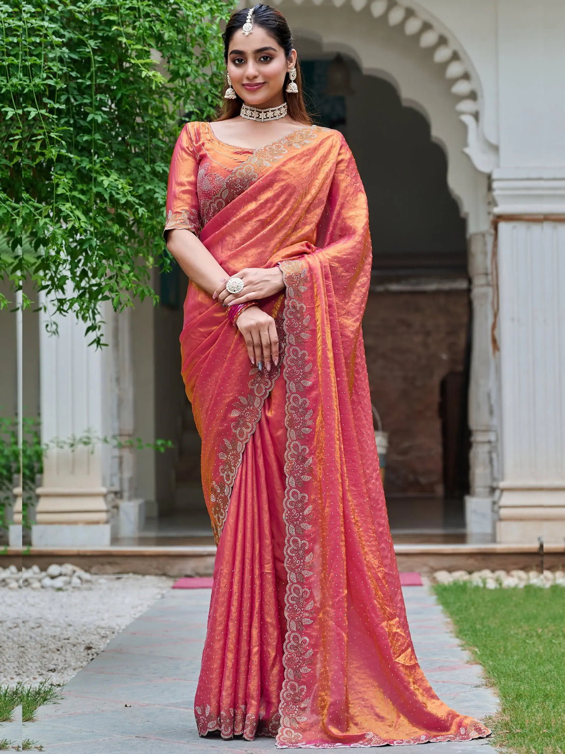 Magnetic Orange Diamond Work Silk Festive Wear Saree With Blouse - Zeel Clothing