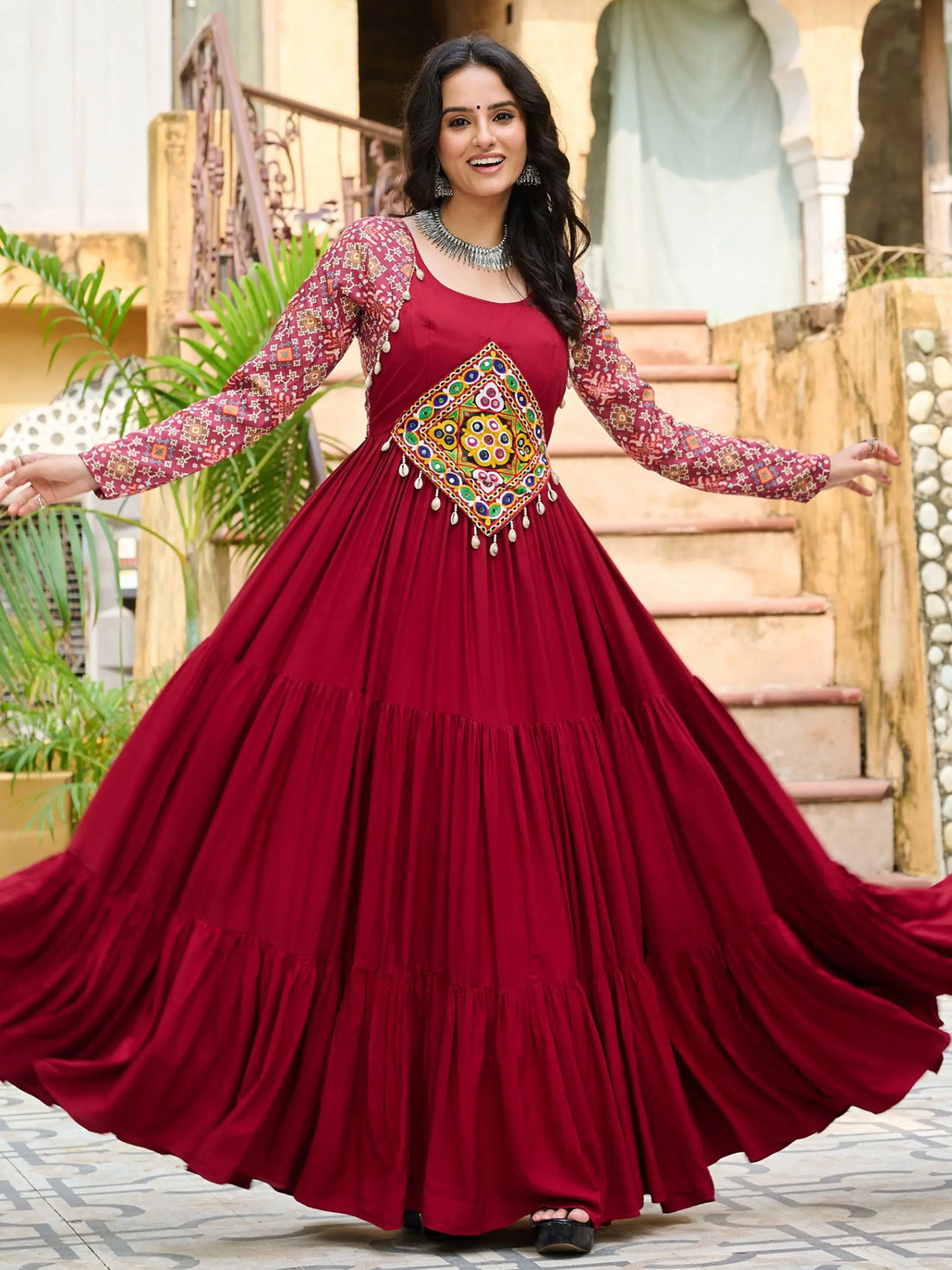 Magnificent Red Gamthi Work Rayon Navratri Wear Gown - Zeel Clothing