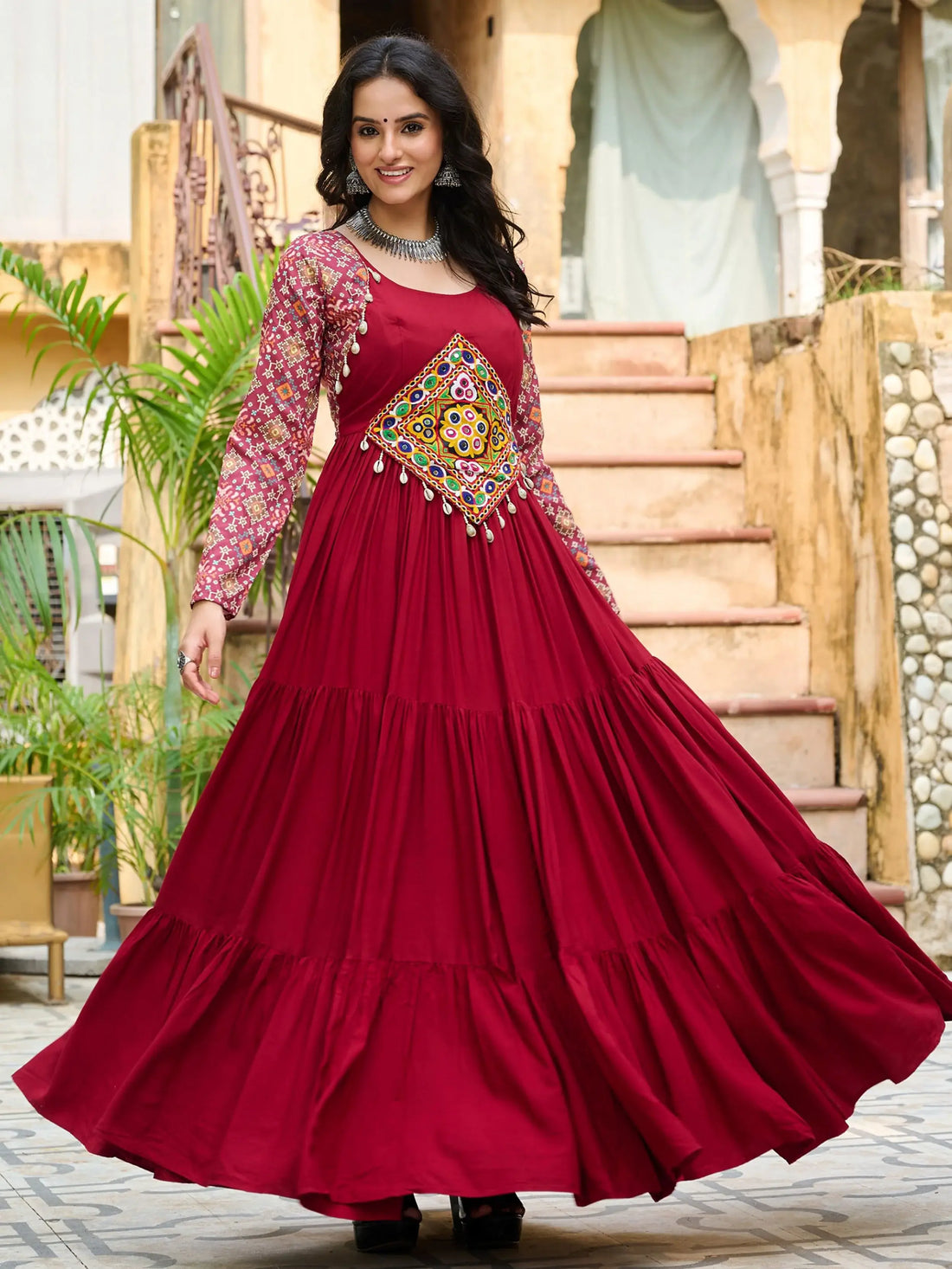 Magnificent Red Gamthi Work Rayon Navratri Wear Gown - Zeel Clothing