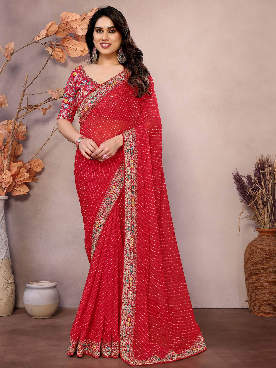 Majestic Red Zari Embroidery Georgette Wedding Wear Saree With Blouse - Zeel Clothing
