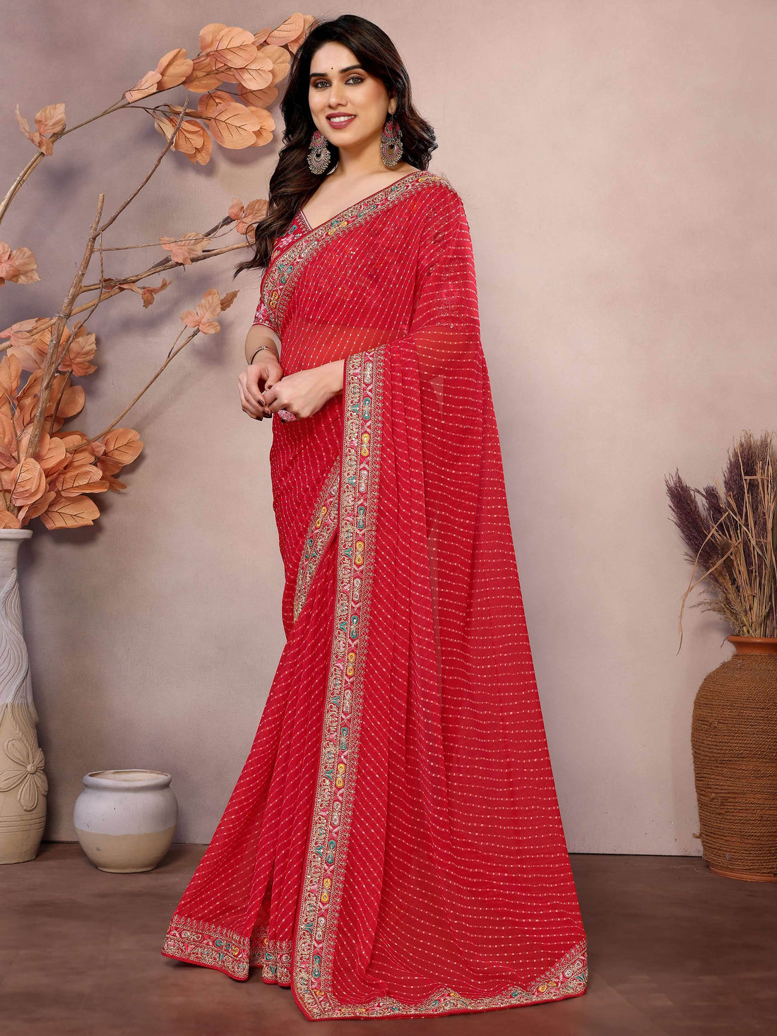Majestic Red Zari Embroidery Georgette Wedding Wear Saree With Blouse - Zeel Clothing