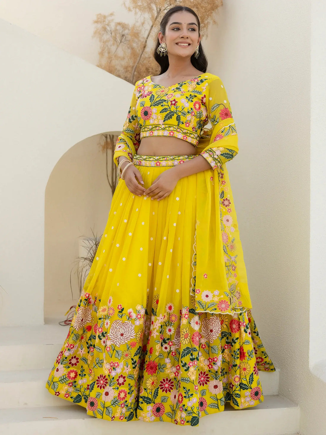 Majestic Yellow Floral Embroidered Organza Sangeet Wear Lehenga Choli - Zeel Clothing