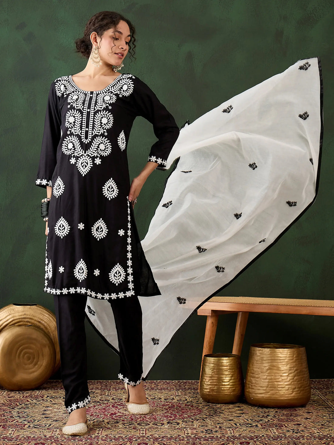 Marvelous Black Embroidered Rayon Traditional Pant Suit With Dupatta - Zeel Clothing