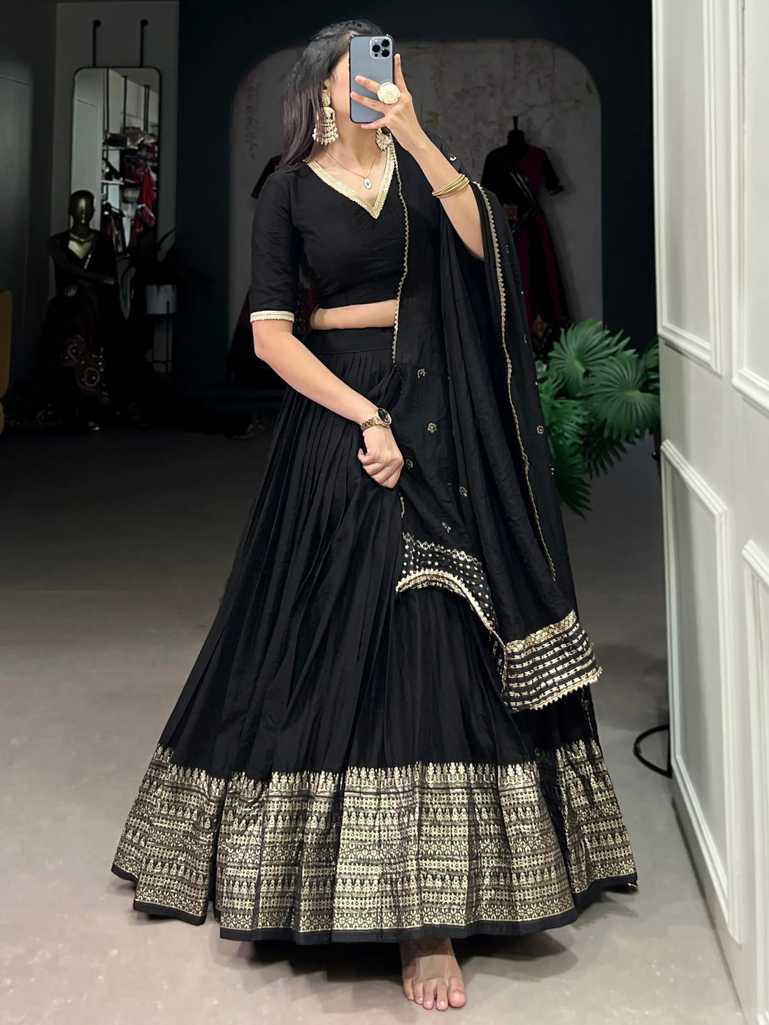 Marvelous Black Zari Weaving Chanderi Sangeet Wear Lehenga Choli - Zeel Clothing