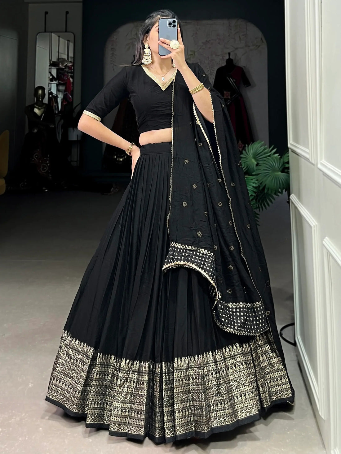 Marvelous Black Zari Weaving Chanderi Sangeet Wear Lehenga Choli - Zeel Clothing