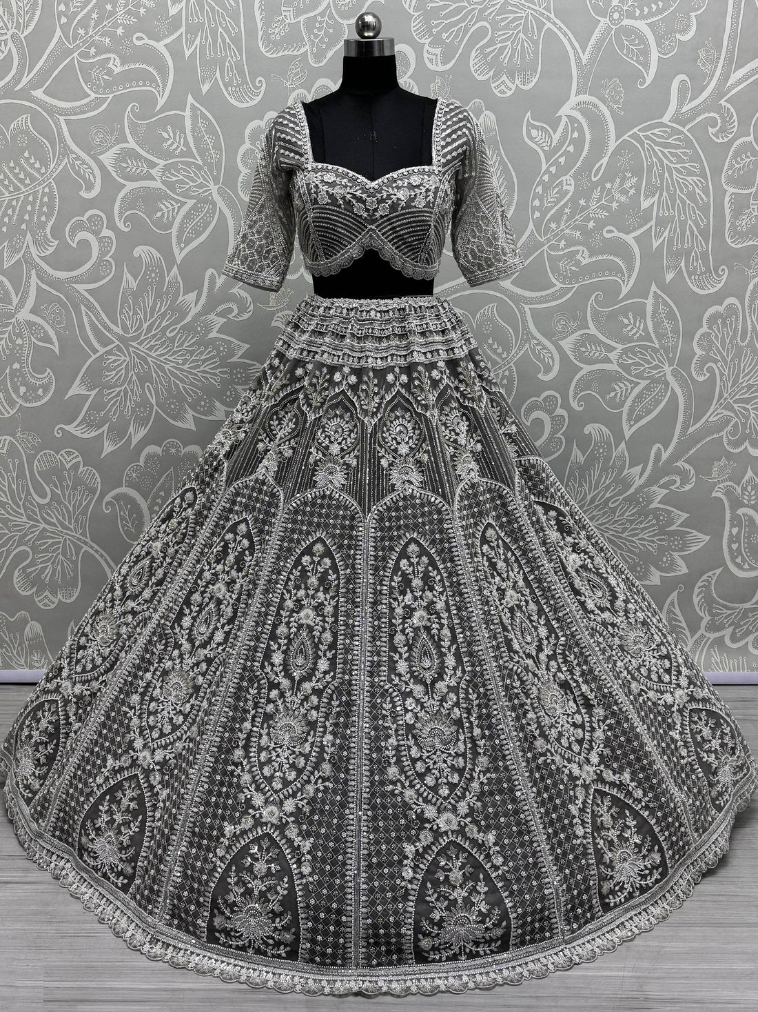 Marvelous Grey Pearl Work Net Bridesmaid Lehenga Choli With Dupatta - Zeel Clothing