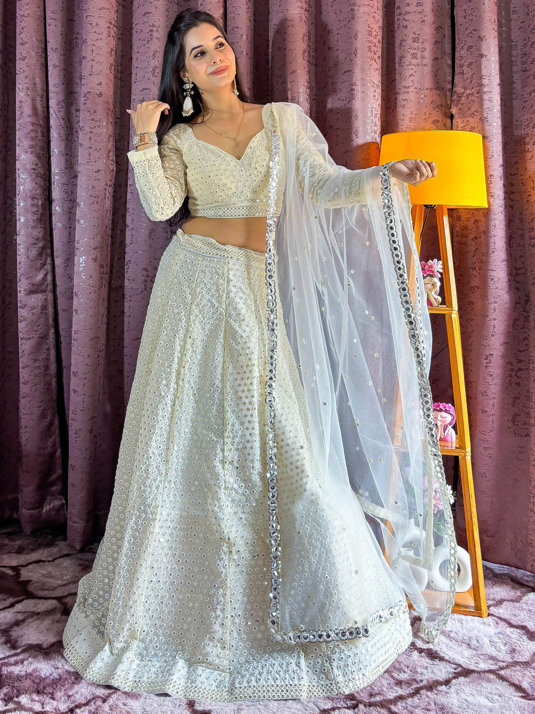 Marvelous White Sequins Georgette Sangeet Wear Lehenga Choli - Zeel Clothing