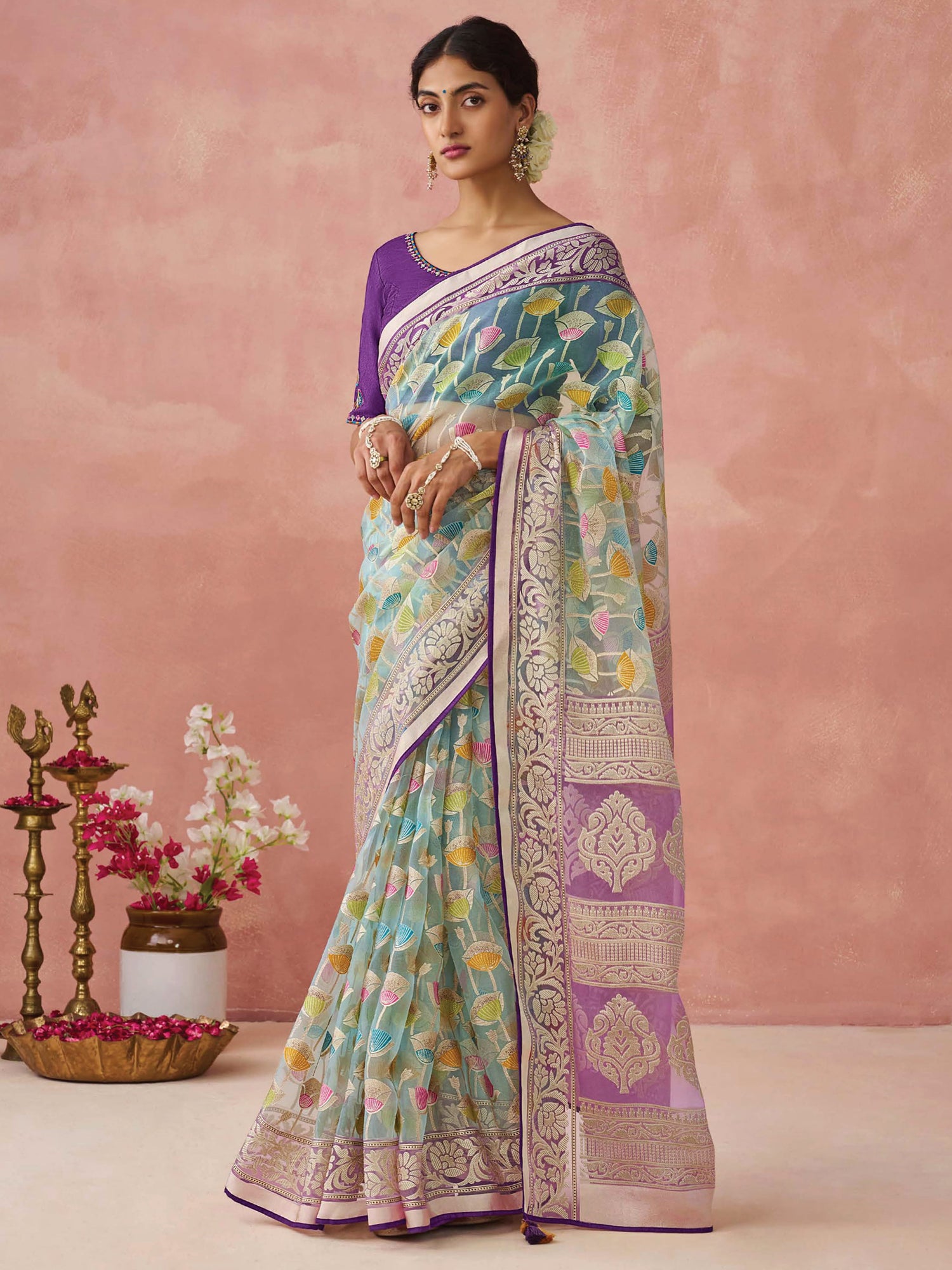 Stunning Sky Blue Printed Organza Traditional Saree With Blouse