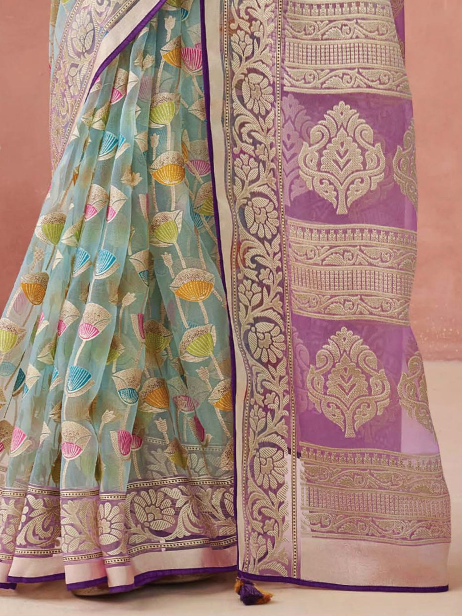 Stunning Sky Blue Printed Organza Traditional Saree With Blouse