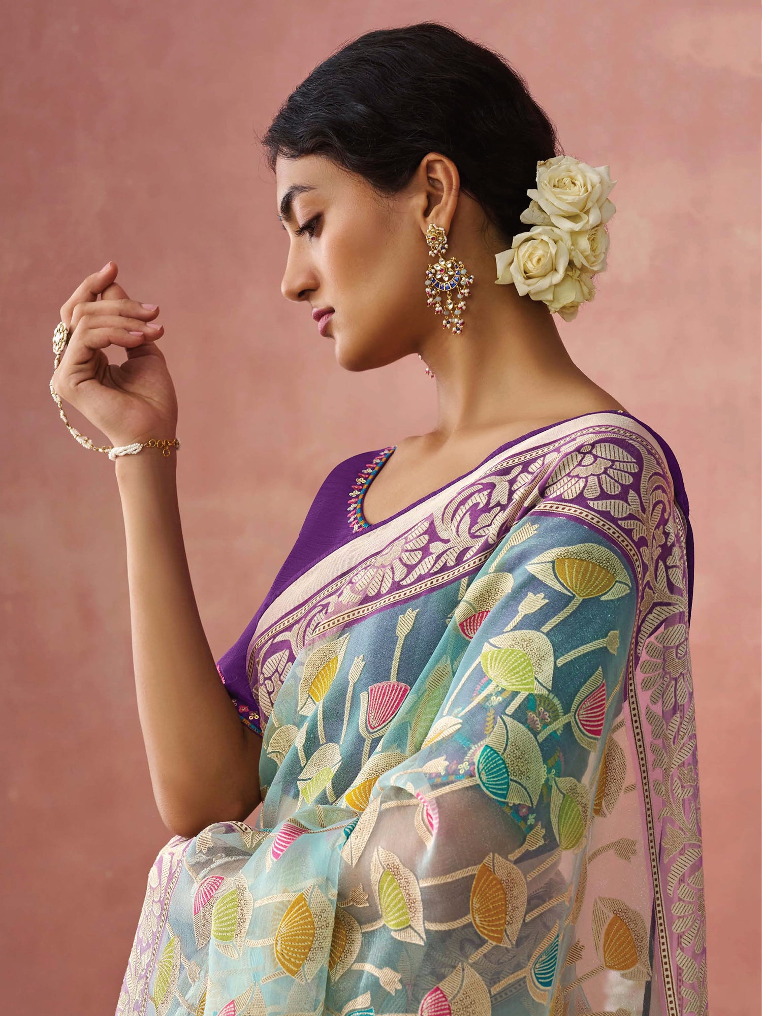 Stunning Sky Blue Printed Organza Traditional Saree With Blouse