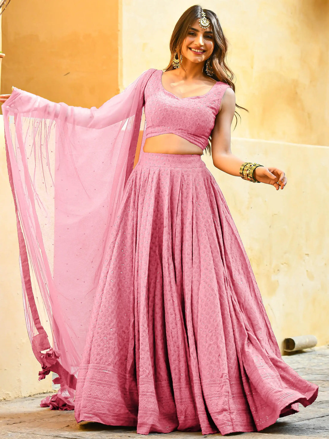 Mesmerizing Baby Pink Sequins Georgette Sangeet Wear Lehenga Choli - Zeel Clothing