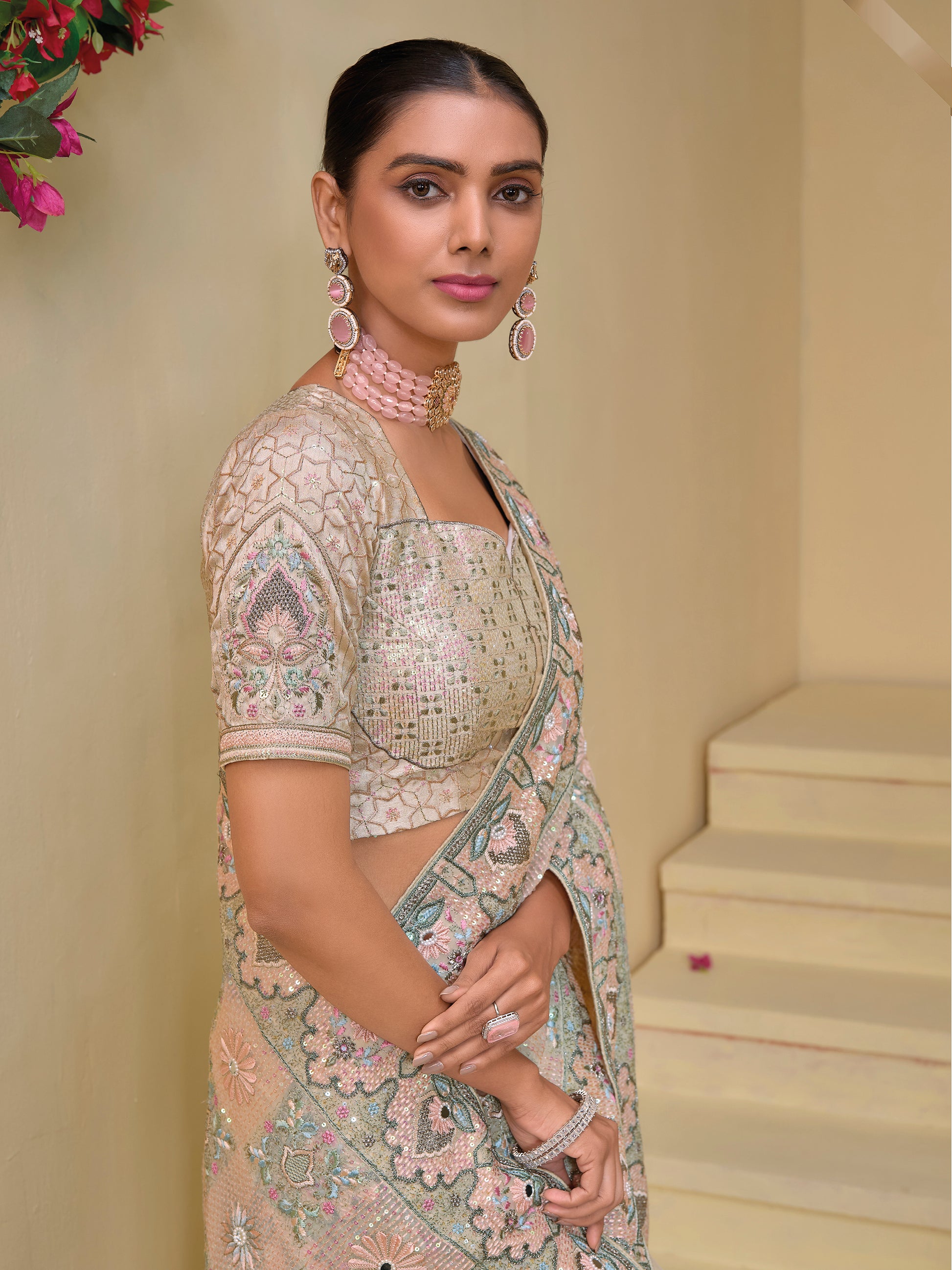 Fabulous Cream Sequins Organza Wedding Wear Saree With Blouse