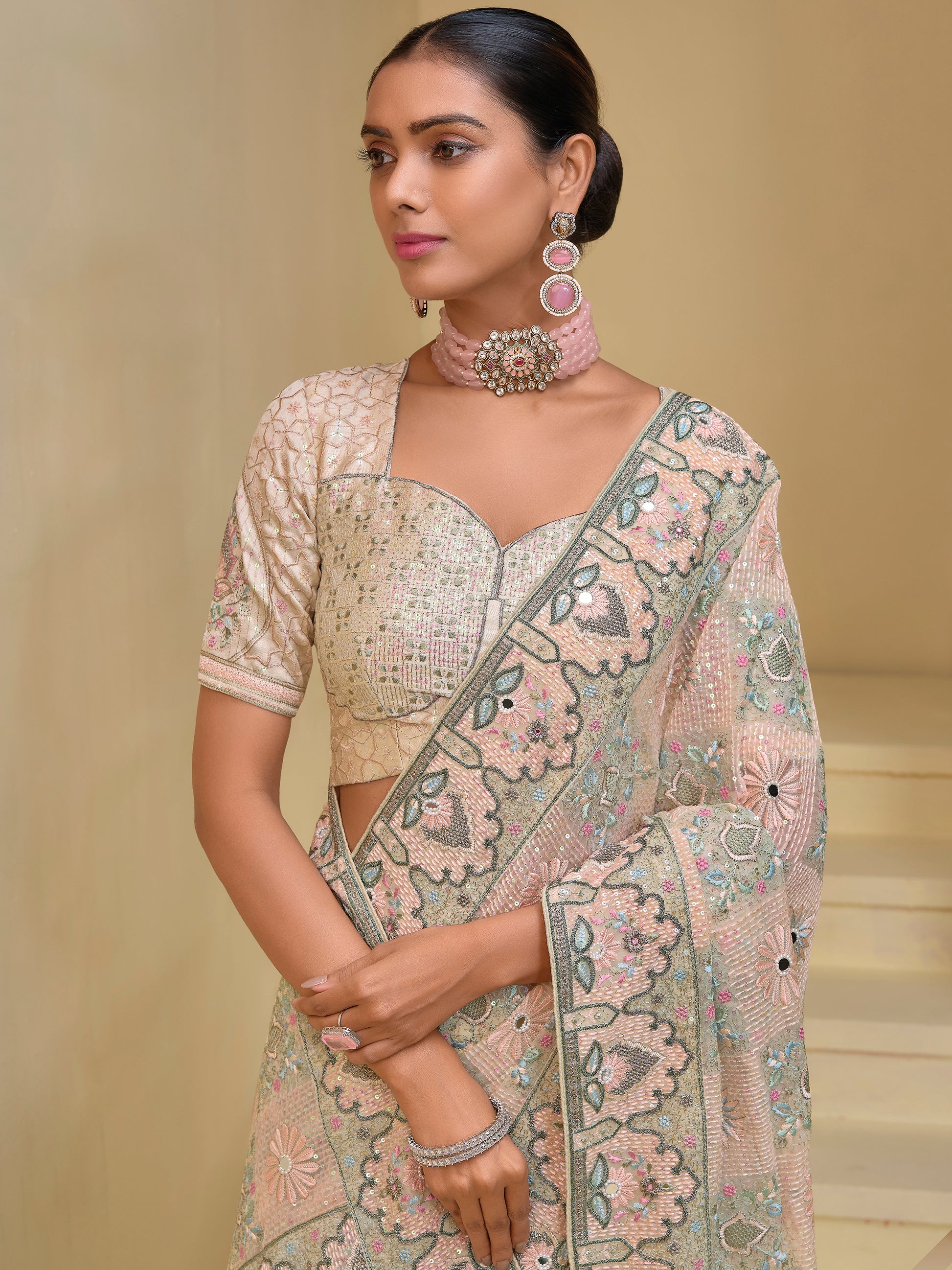 Fabulous Cream Sequins Organza Wedding Wear Saree With Blouse