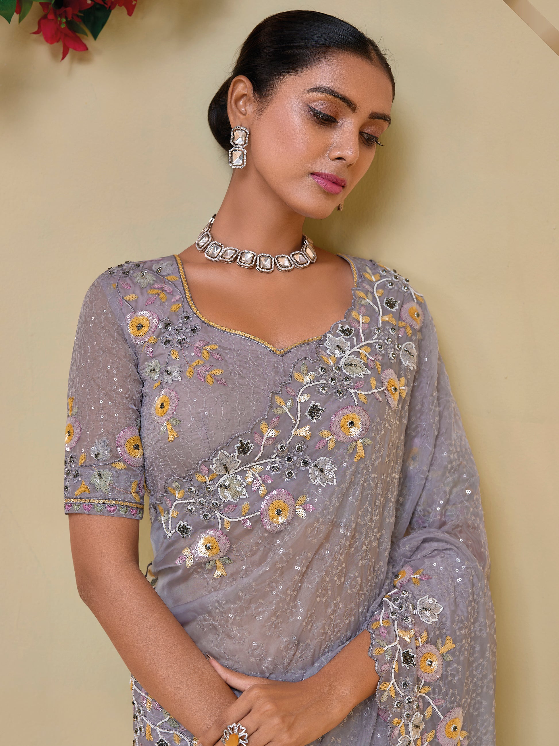 Attractive Grey Sequins Organza Party Wear Saree With Blouse