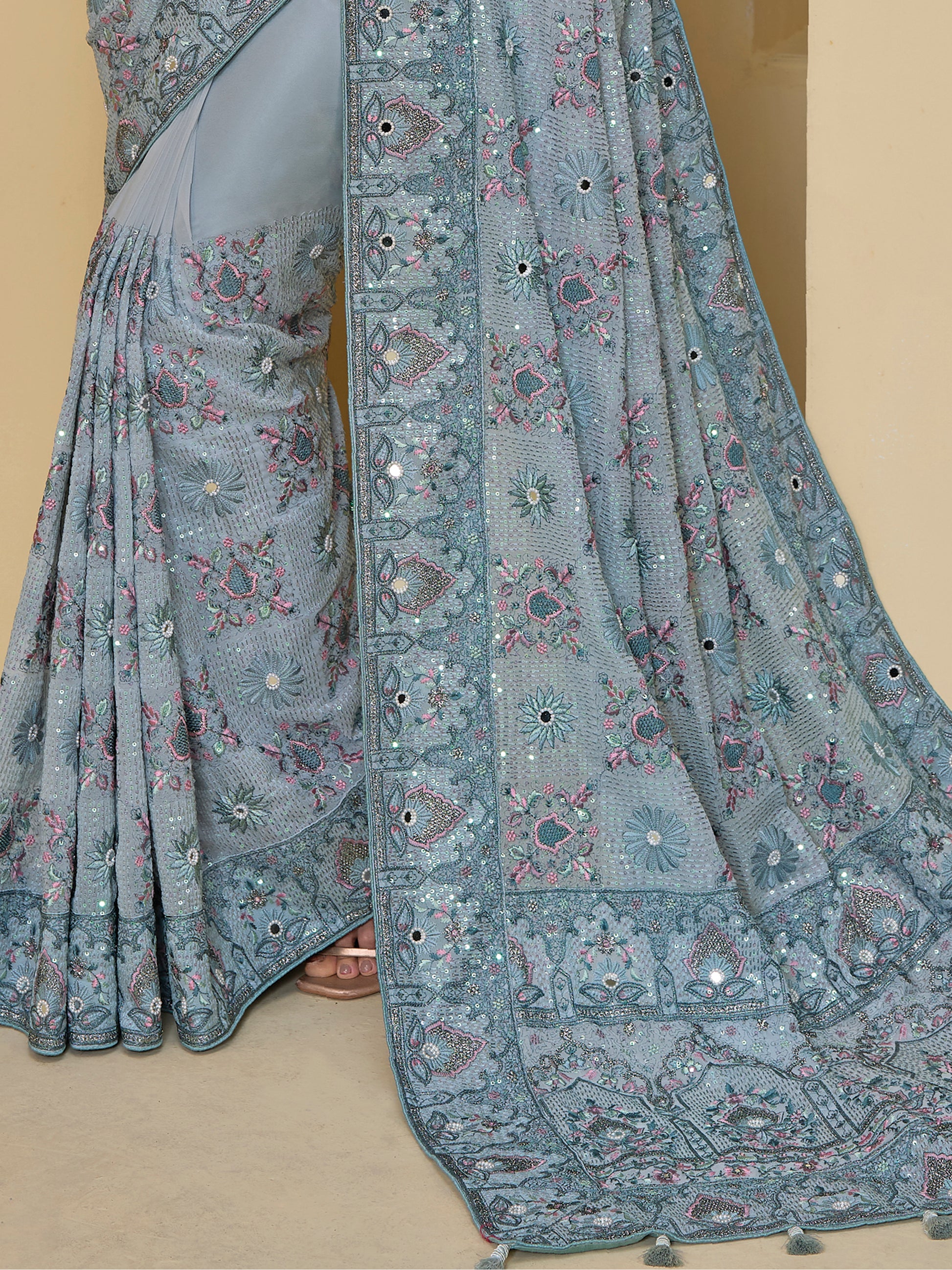 Sweet Grey Mirror Work Organza Reception Wear Saree With Blouse