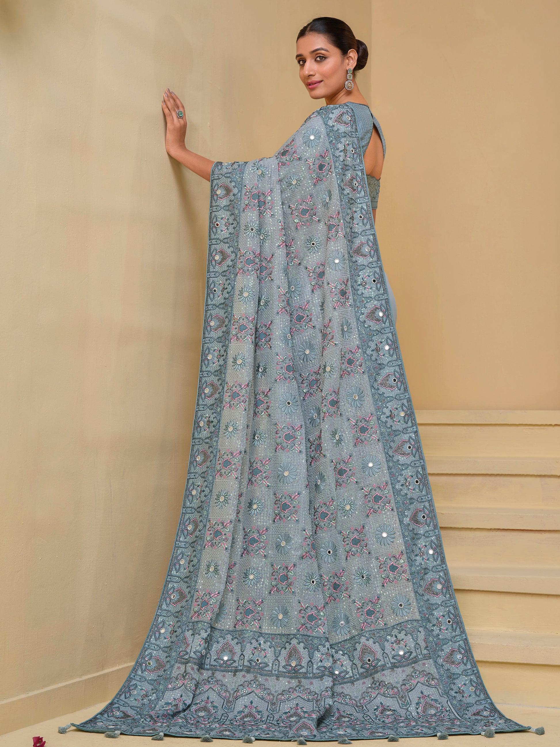 Sweet Grey Mirror Work Organza Reception Wear Saree With Blouse