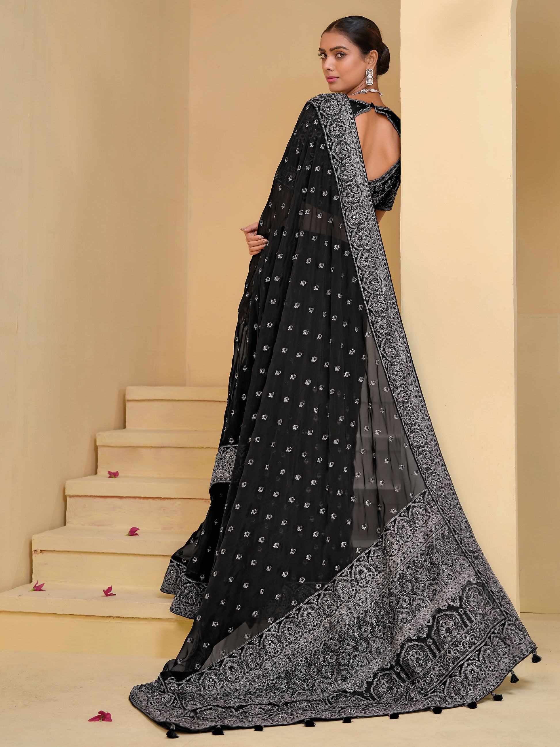 Outstanding Black Embroidered Organza Festival Wear Saree With Blouse