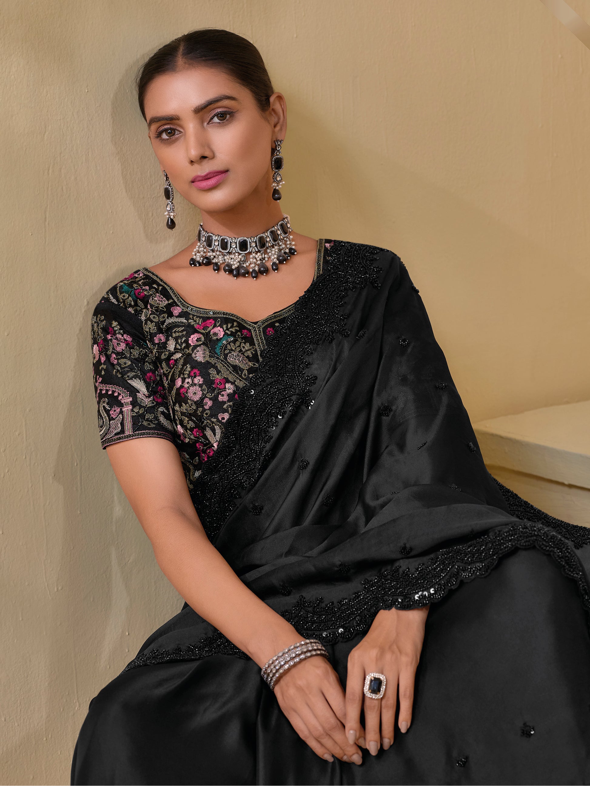 Beautiful Black Sequins Organza Party Wear Saree With Blouse